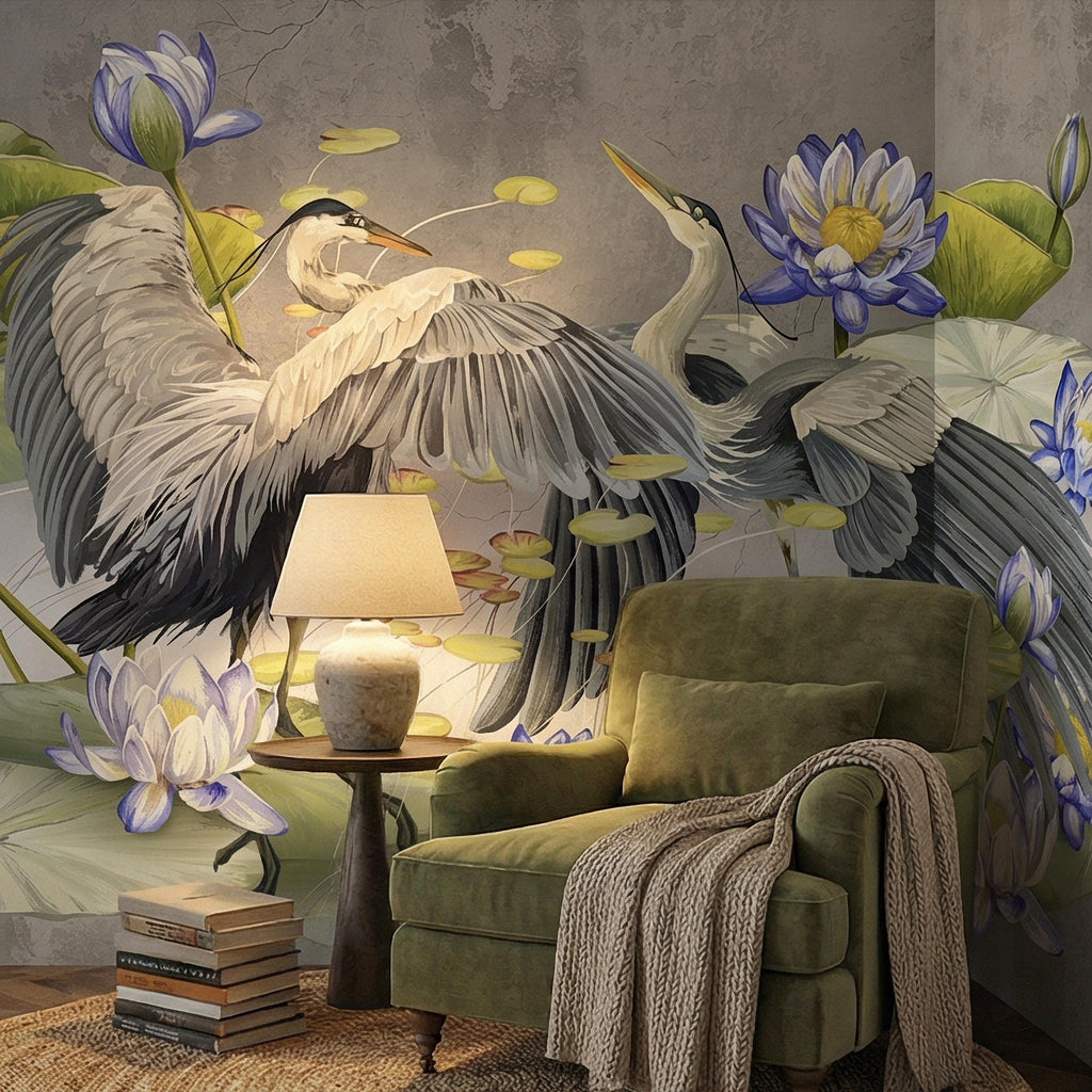 Heron Water Lily Peel and Stick Wall Mural, Blue Lotus Pond, Chinoiserie Bird Botanical, Serene Lily Pad Nature Gray Green Wallpaper