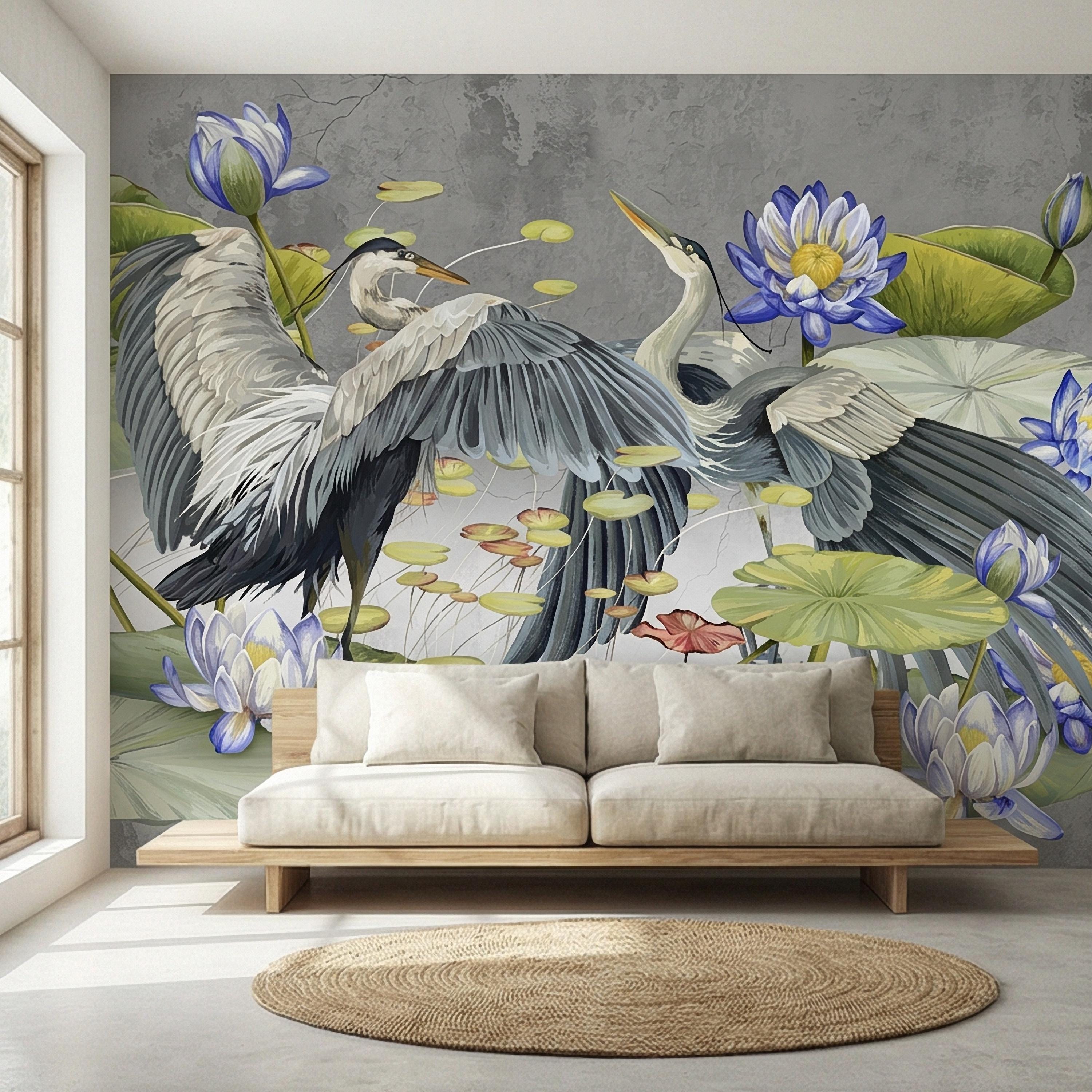 Heron Water Lily Peel and Stick Wall Mural, Blue Lotus Pond, Chinoiserie Bird Botanical, Serene Lily Pad Nature Gray Green Wallpaper