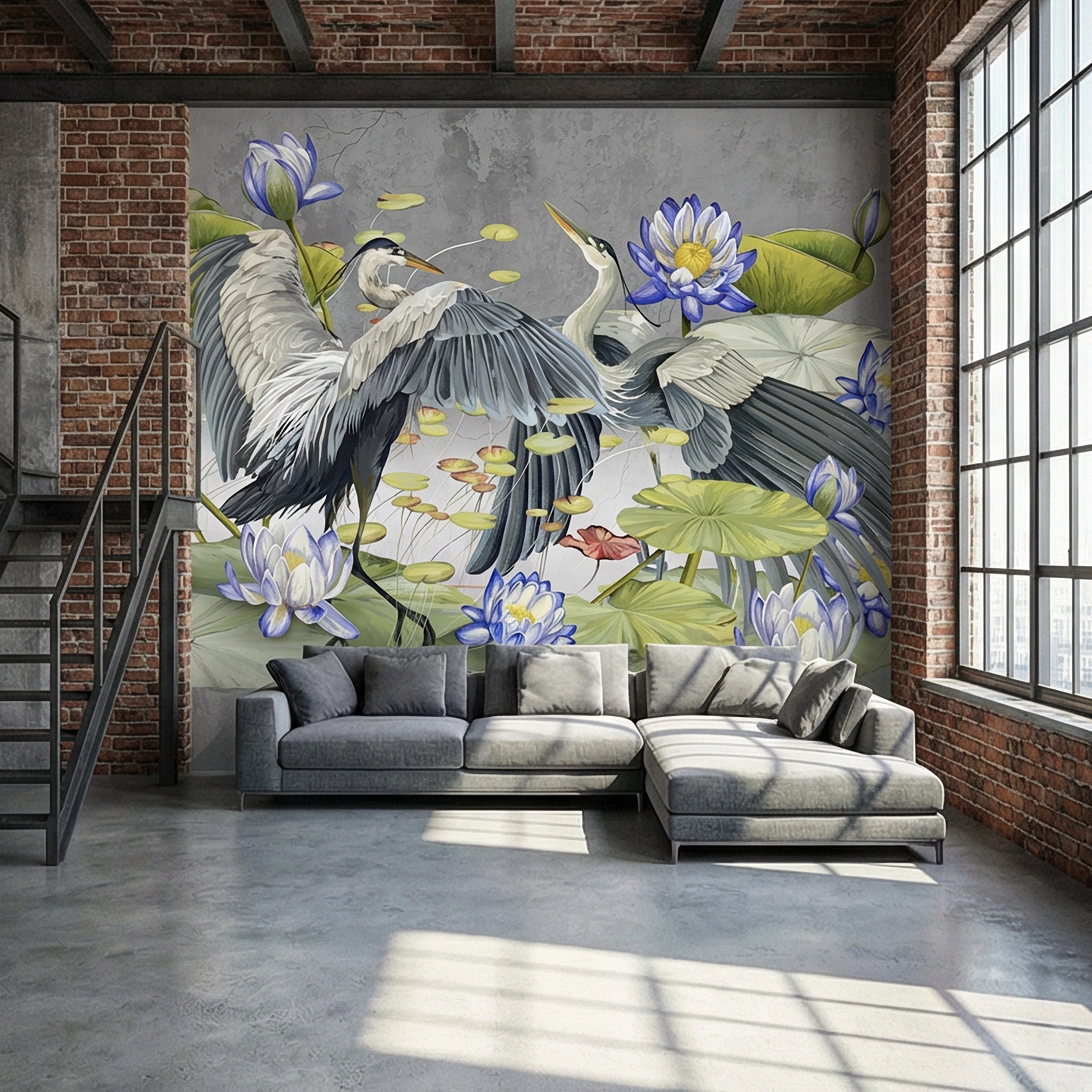 Heron Water Lily Peel and Stick Wall Mural, Blue Lotus Pond, Chinoiserie Bird Botanical, Serene Lily Pad Nature Gray Green Wallpaper