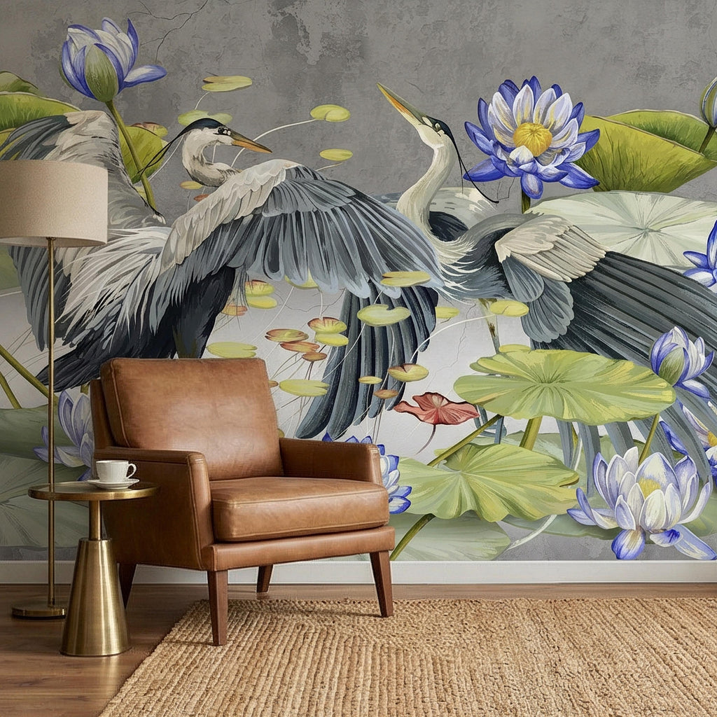 Heron Water Lily Peel and Stick Wall Mural, Blue Lotus Pond, Chinoiserie Bird Botanical, Serene Lily Pad Nature Gray Green Wallpaper