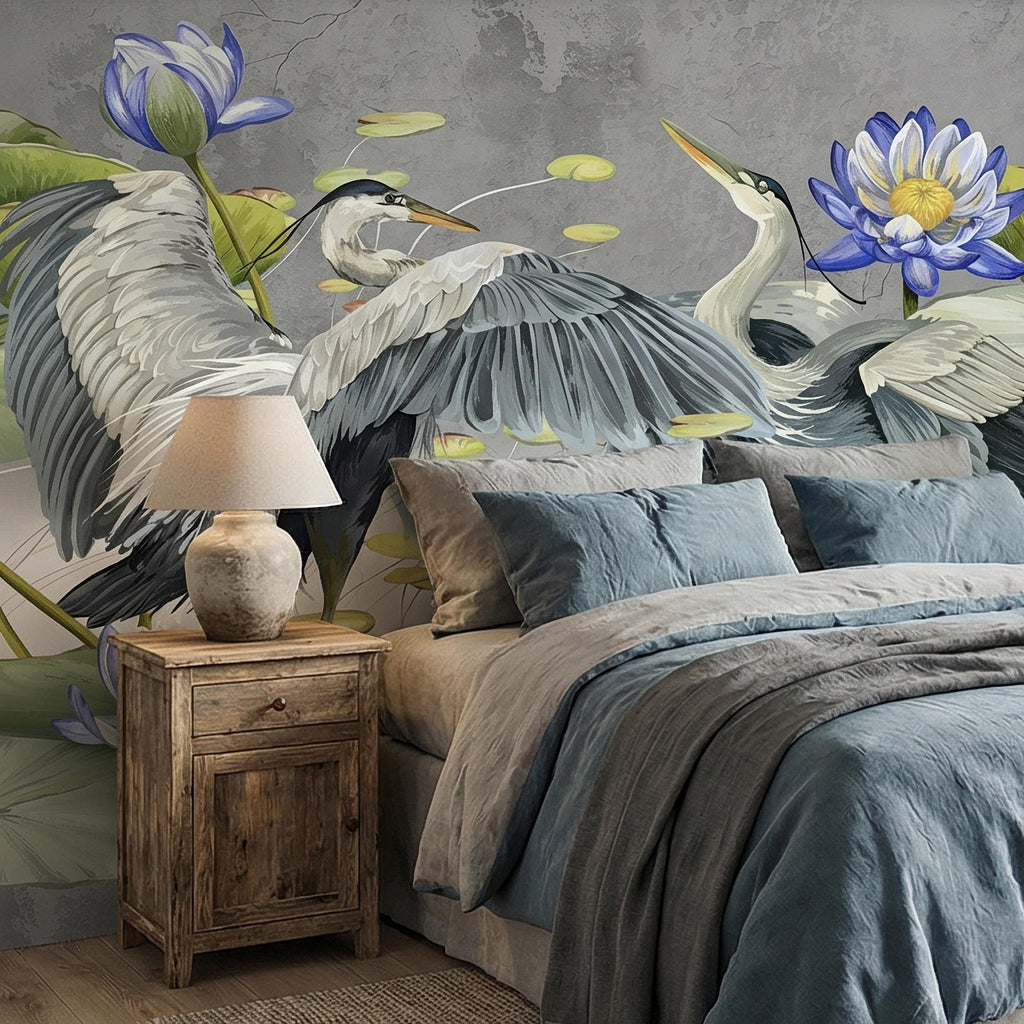 Heron Water Lily Peel and Stick Wall Mural, Blue Lotus Pond, Chinoiserie Bird Botanical, Serene Lily Pad Nature Gray Green Wallpaper