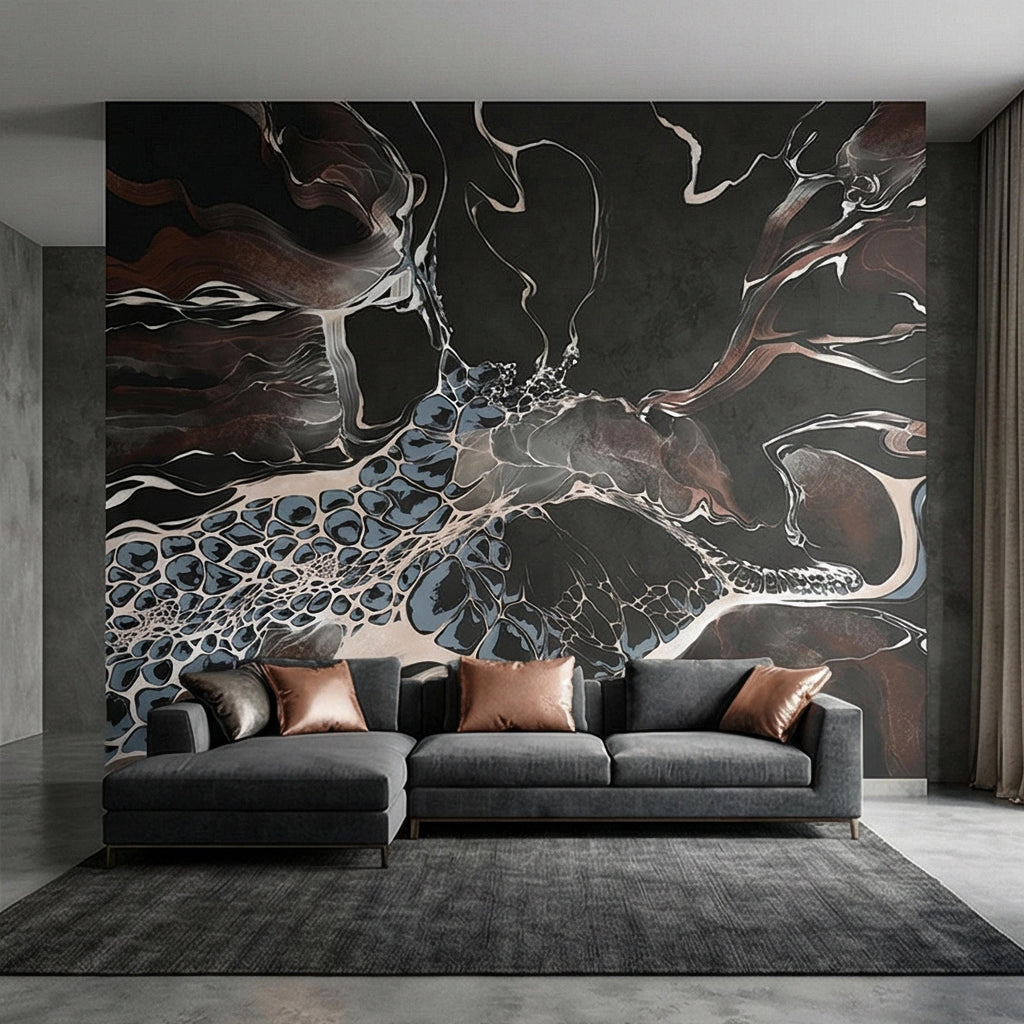 Abstract Geode Peel and Stick Wall Mural, Dark Fluid Marble, Black Brown Blue Agate, Organic Modern Moody Contemporary Luxury Wallpaper