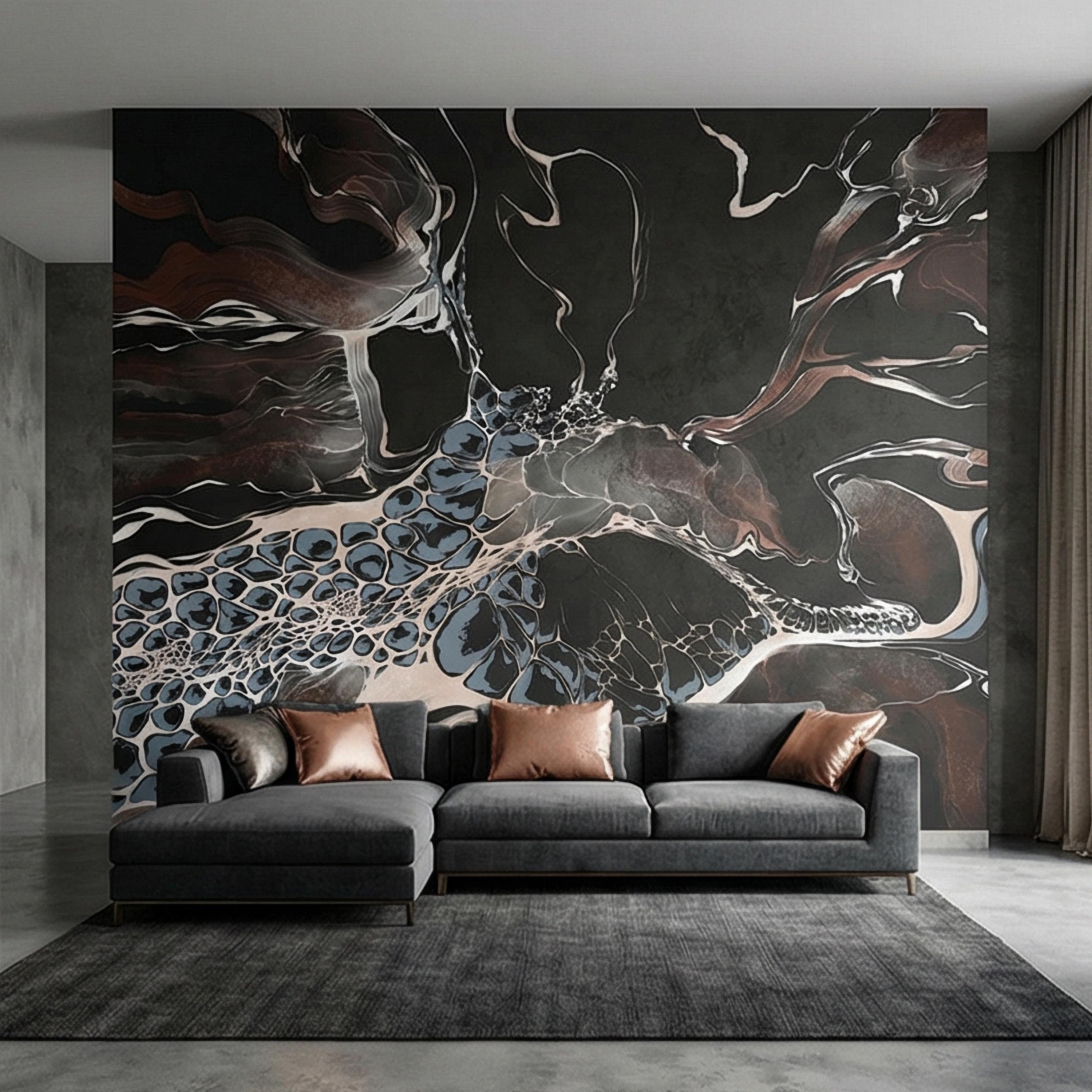 Abstract Geode Peel and Stick Wall Mural, Dark Fluid Marble, Black Brown Blue Agate, Organic Modern Moody Contemporary Luxury Wallpaper