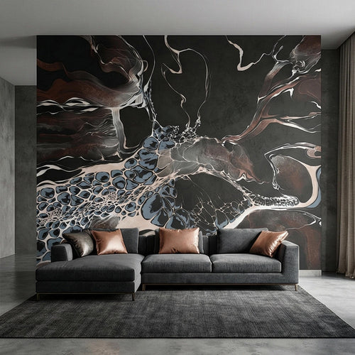 Abstract Geode Peel and Stick Wall Mural, Dark Fluid Marble, Black Brown Blue Agate, Organic Modern Moody Contemporary Luxury Wallpaper - The Fine Art Murals