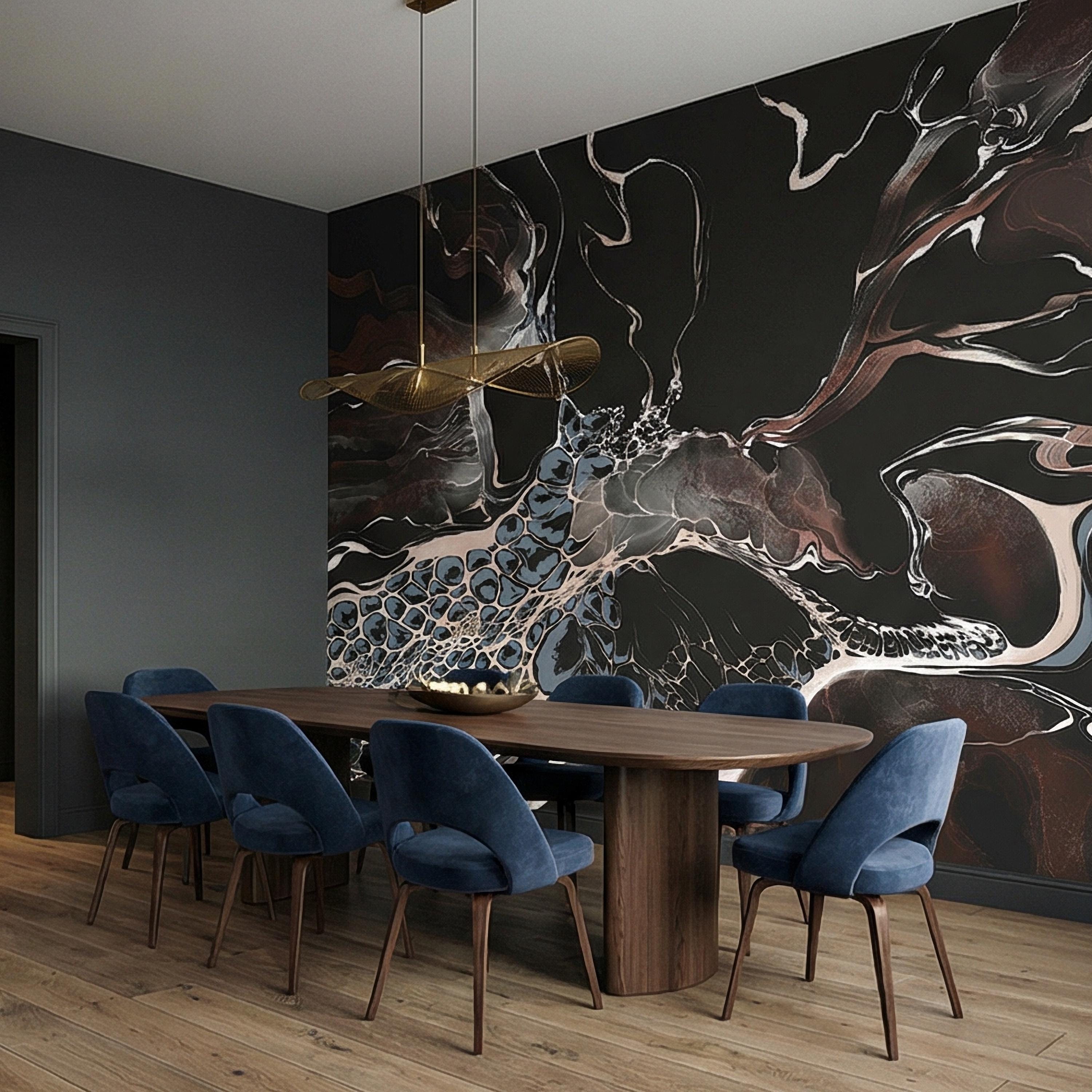 Abstract Geode Peel and Stick Wall Mural, Dark Fluid Marble, Black Brown Blue Agate, Organic Modern Moody Contemporary Luxury Wallpaper