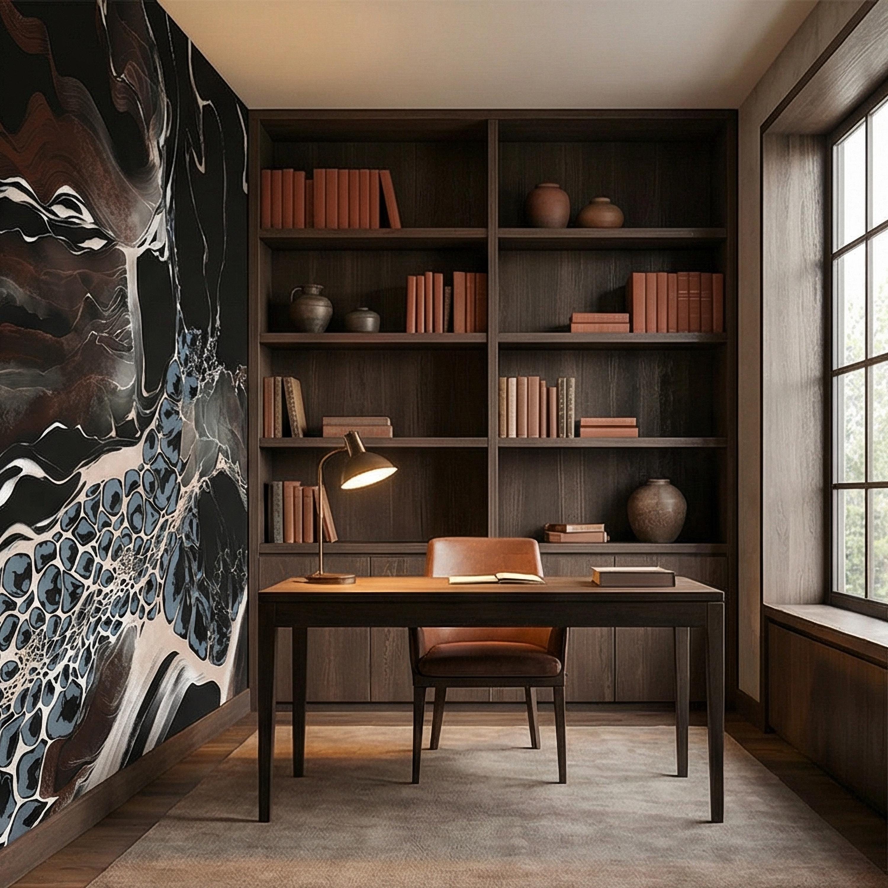 Abstract Geode Peel and Stick Wall Mural, Dark Fluid Marble, Black Brown Blue Agate, Organic Modern Moody Contemporary Luxury Wallpaper