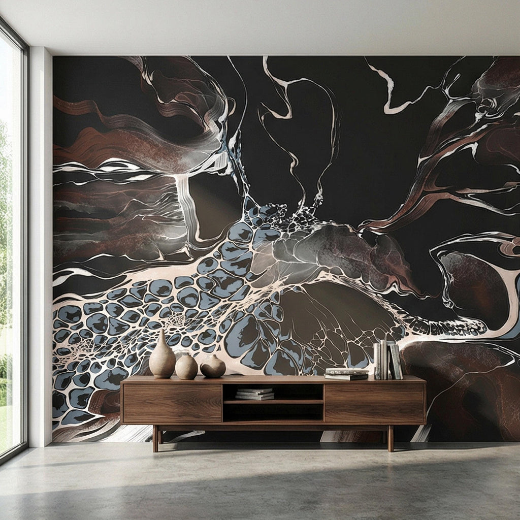 Abstract Geode Peel and Stick Wall Mural, Dark Fluid Marble, Black Brown Blue Agate, Organic Modern Moody Contemporary Luxury Wallpaper