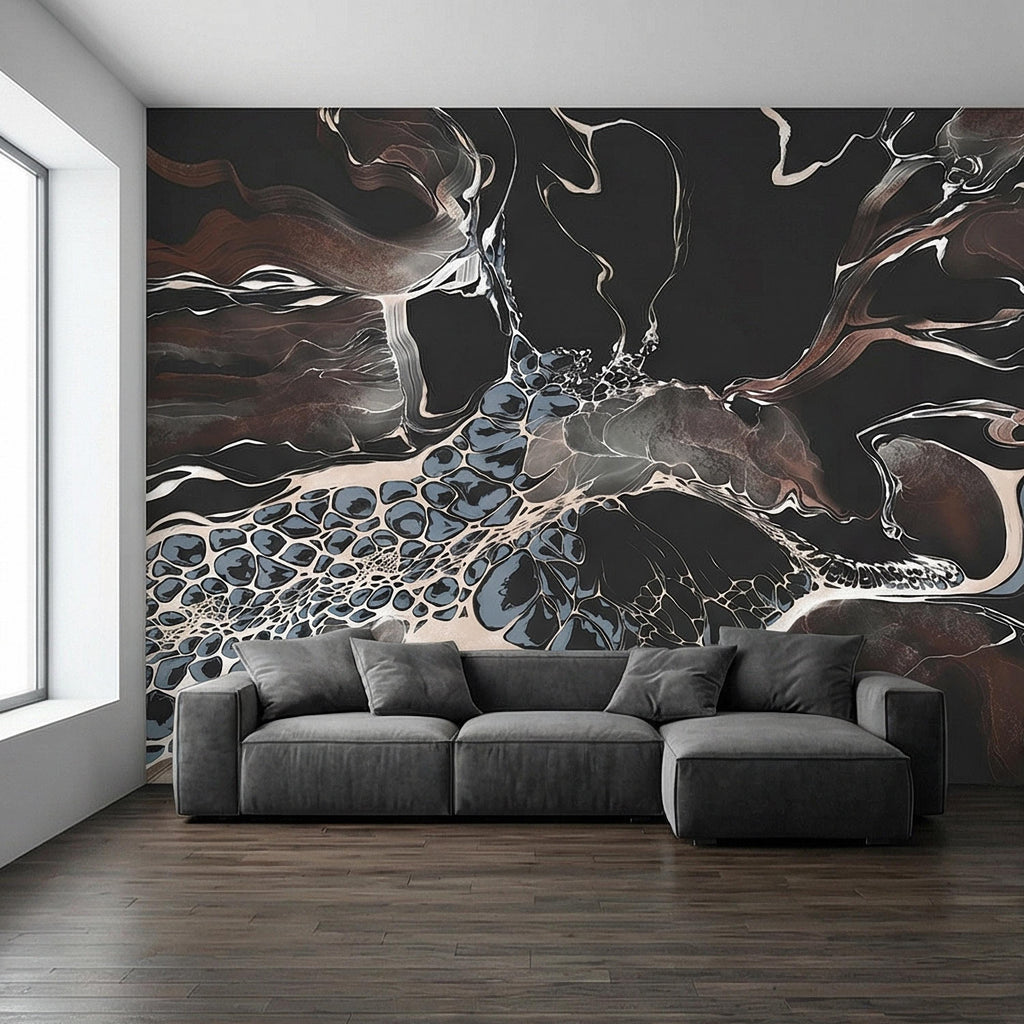 Abstract Geode Peel and Stick Wall Mural, Dark Fluid Marble, Black Brown Blue Agate, Organic Modern Moody Contemporary Luxury Wallpaper