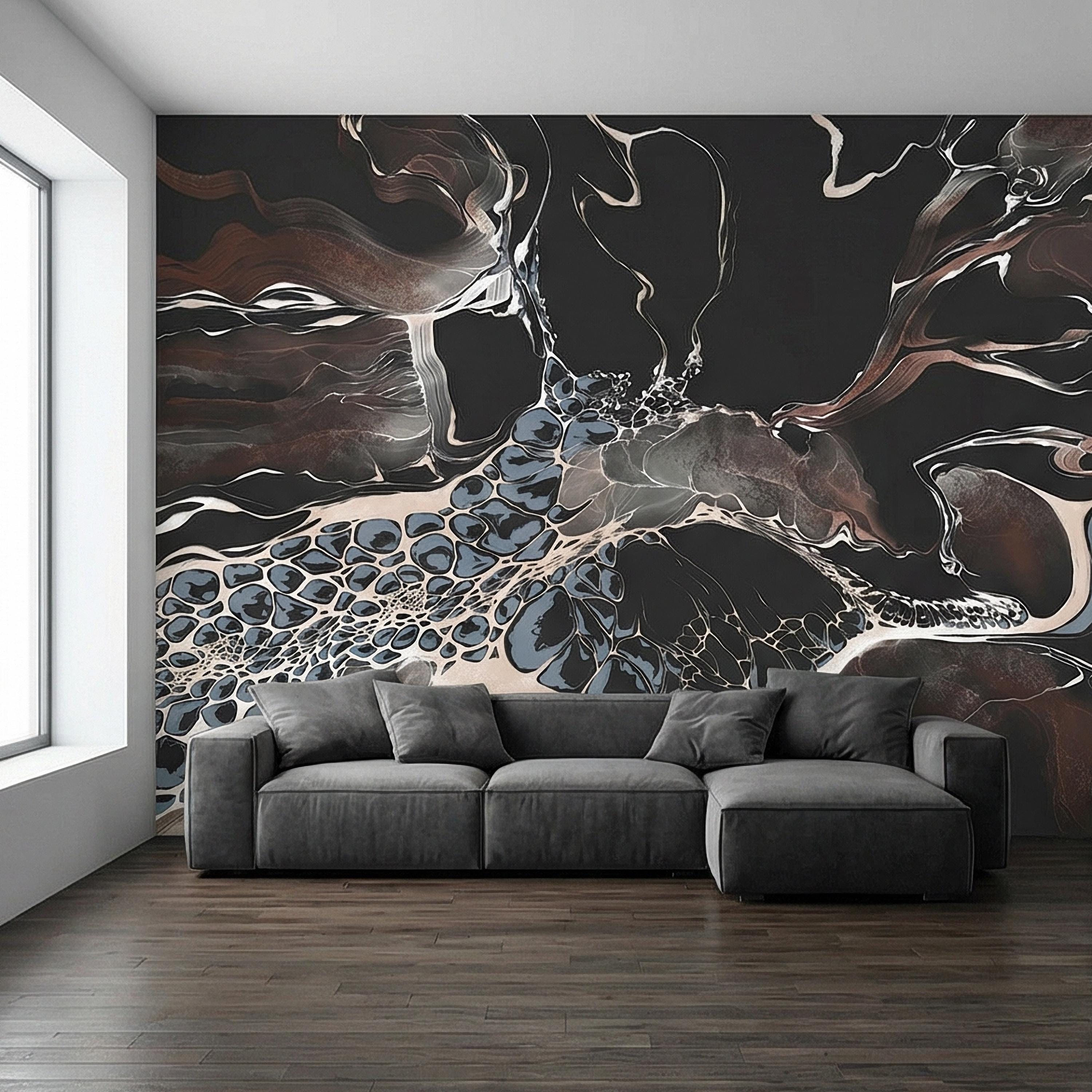 Abstract Geode Peel and Stick Wall Mural, Dark Fluid Marble, Black Brown Blue Agate, Organic Modern Moody Contemporary Luxury Wallpaper