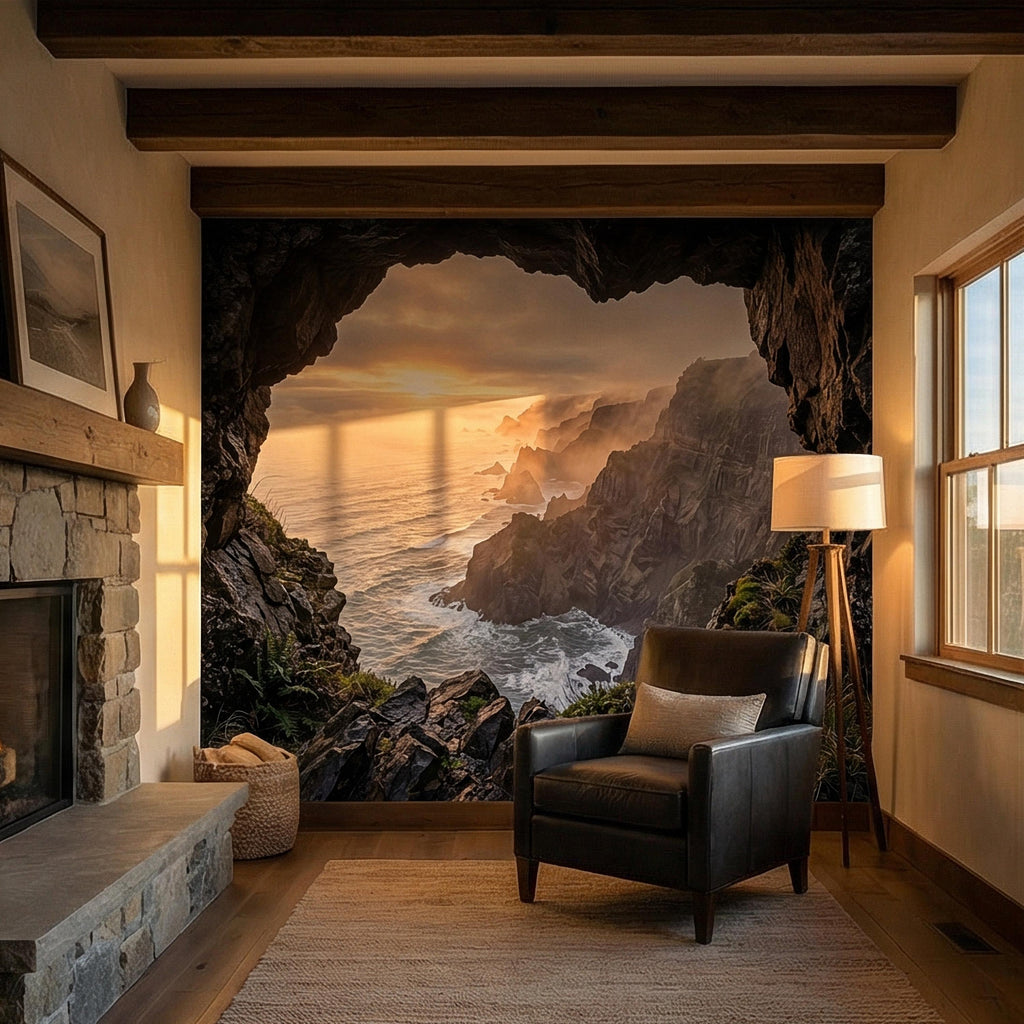 Sea Cave Peel and Stick Wall Mural, Dramatic Coastal Cliff Seascape, Misty Sunrise Ocean Landscape Wallpaper