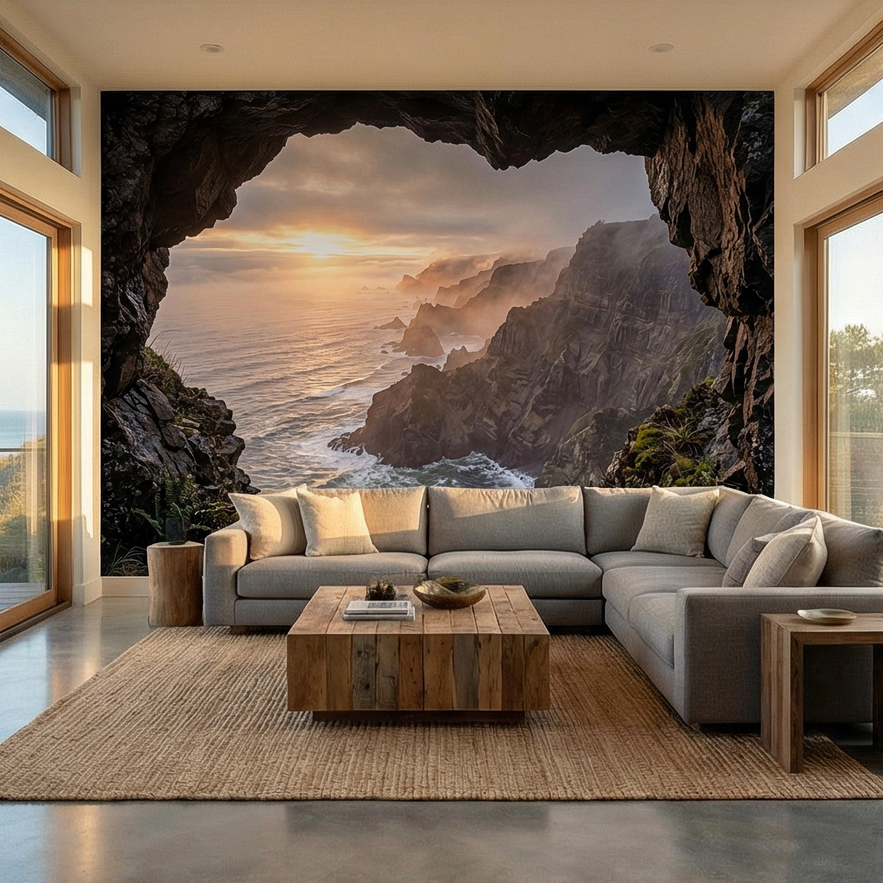 Sea Cave Peel and Stick Wall Mural, Dramatic Coastal Cliff Seascape, Misty Sunrise Ocean Landscape Wallpaper
