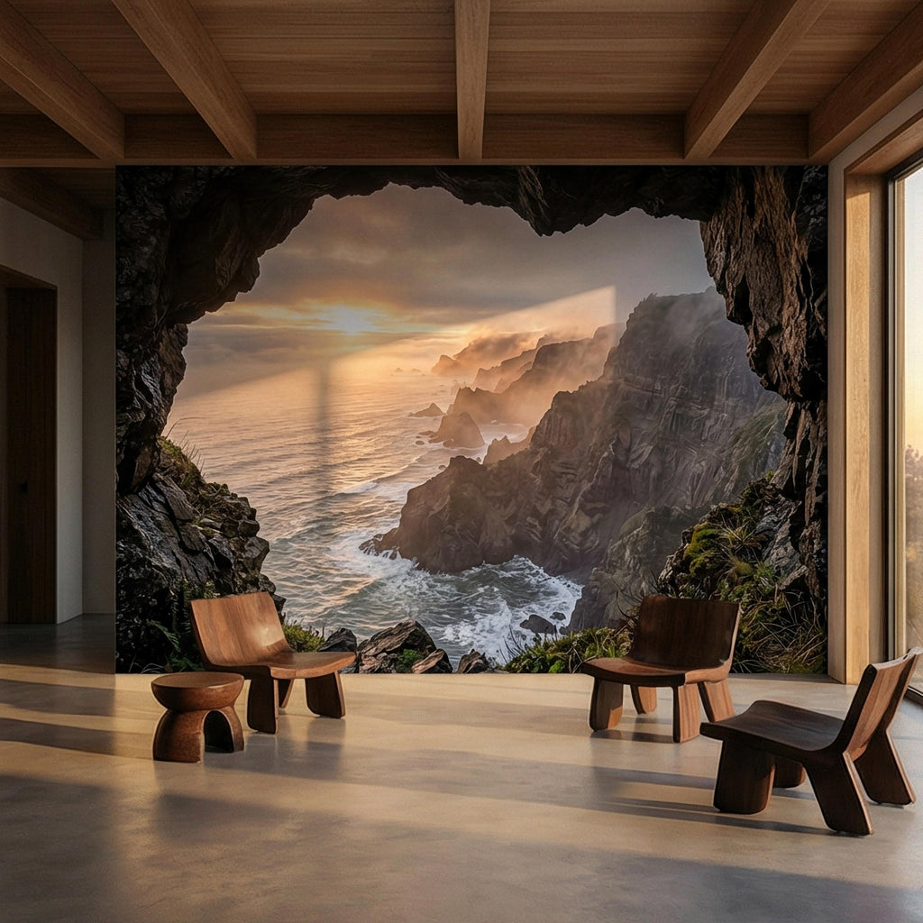 Sea Cave Peel and Stick Wall Mural, Dramatic Coastal Cliff Seascape, Misty Sunrise Ocean Landscape Wallpaper