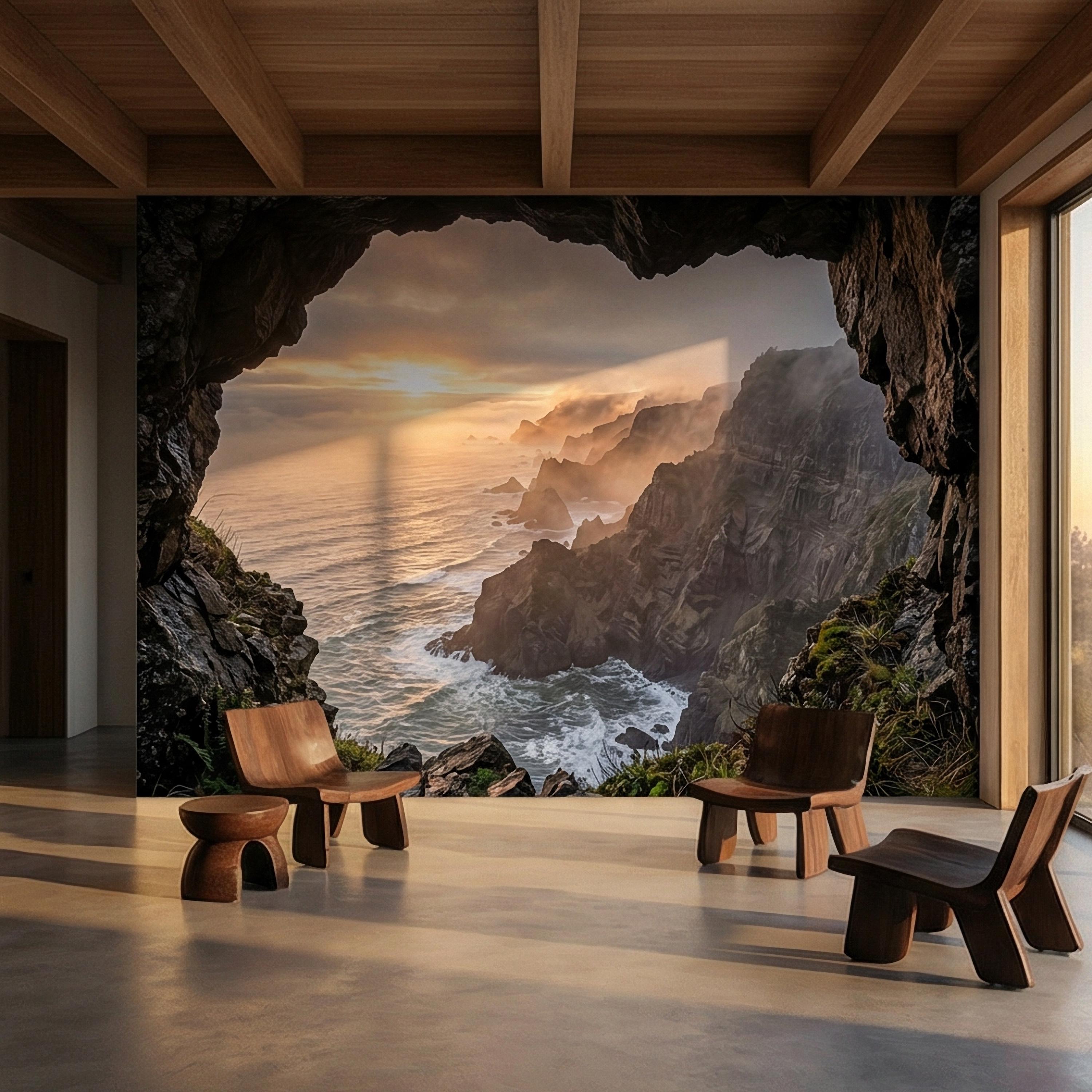 Sea Cave Peel and Stick Wall Mural, Dramatic Coastal Cliff Seascape, Misty Sunrise Ocean Landscape Wallpaper