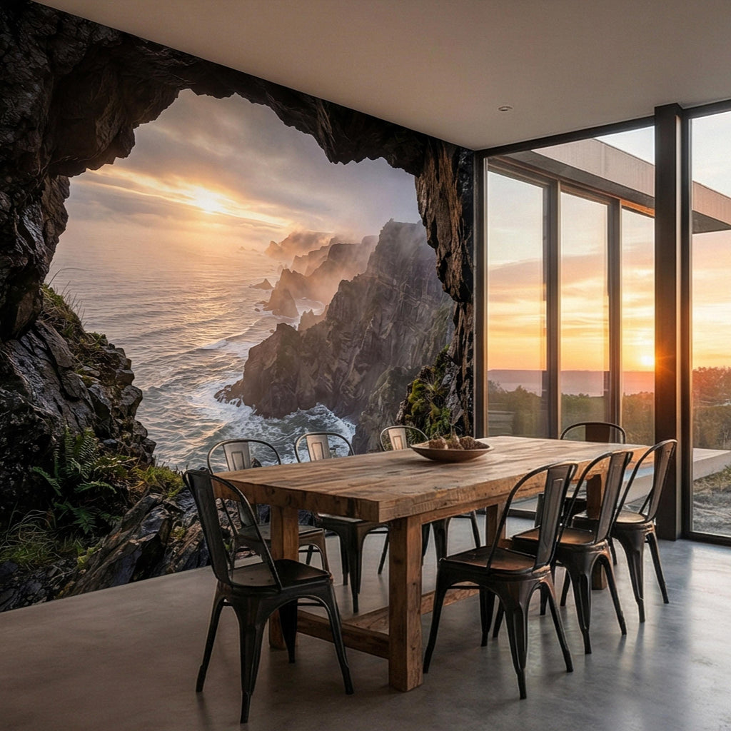 Sea Cave Peel and Stick Wall Mural, Dramatic Coastal Cliff Seascape, Misty Sunrise Ocean Landscape Wallpaper