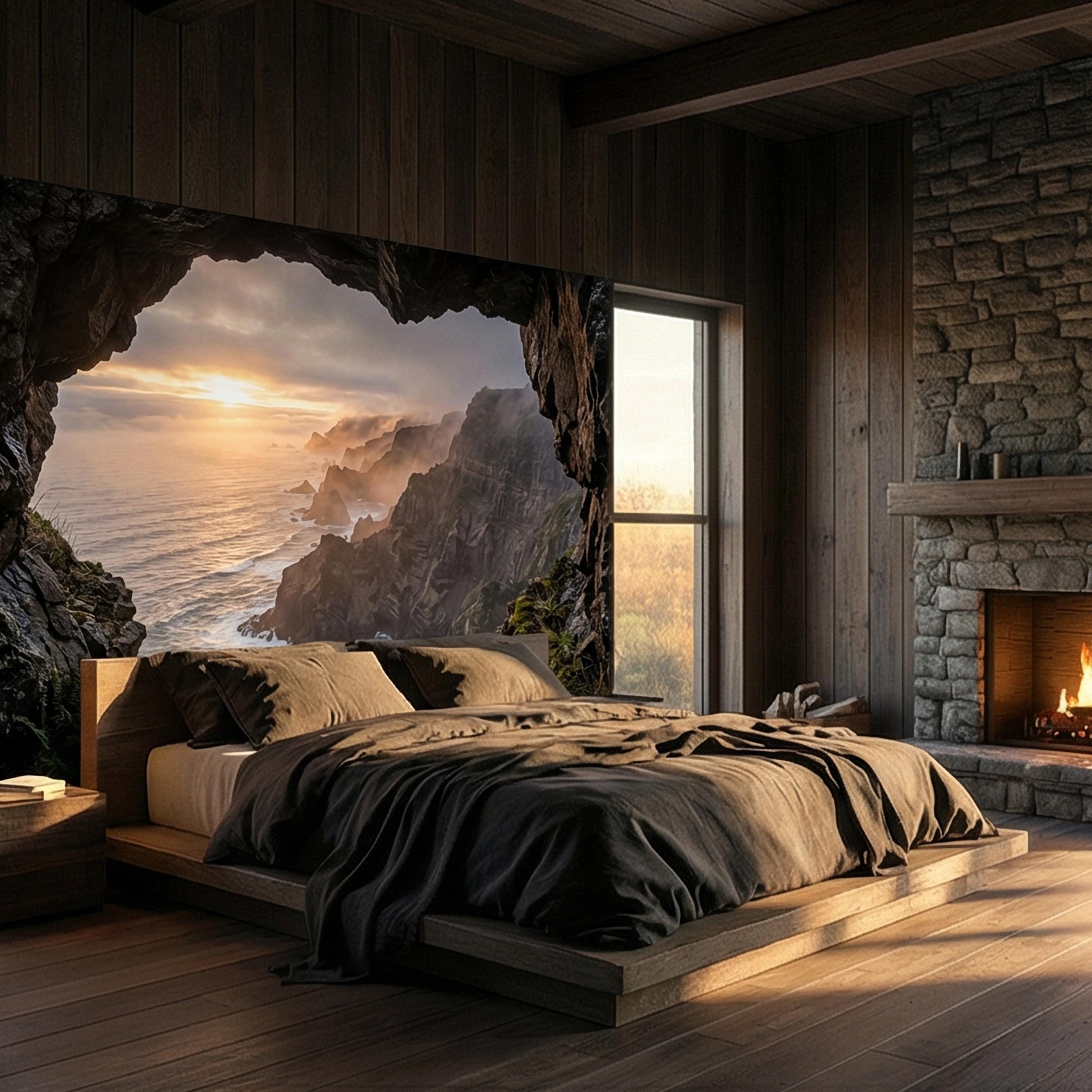 Sea Cave Peel and Stick Wall Mural, Dramatic Coastal Cliff Seascape, Misty Sunrise Ocean Landscape Wallpaper