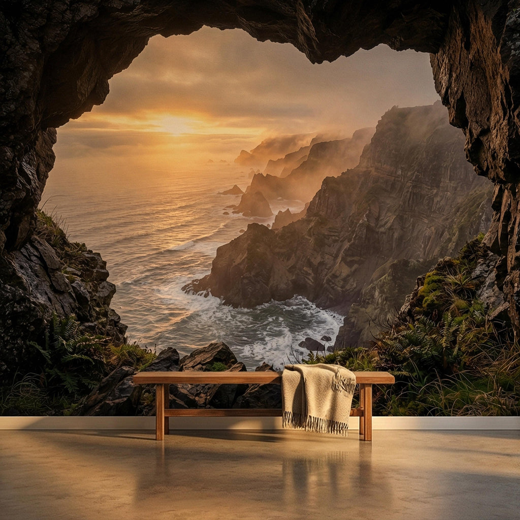Sea Cave Peel and Stick Wall Mural, Dramatic Coastal Cliff Seascape, Misty Sunrise Ocean Landscape Wallpaper