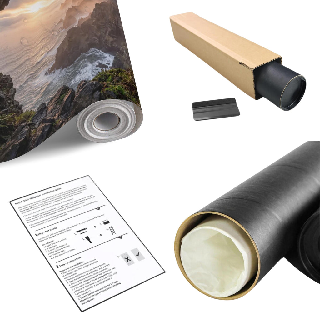 Sea Cave Peel and Stick Wall Mural, Dramatic Coastal Cliff Seascape, Misty Sunrise Ocean Landscape Wallpaper