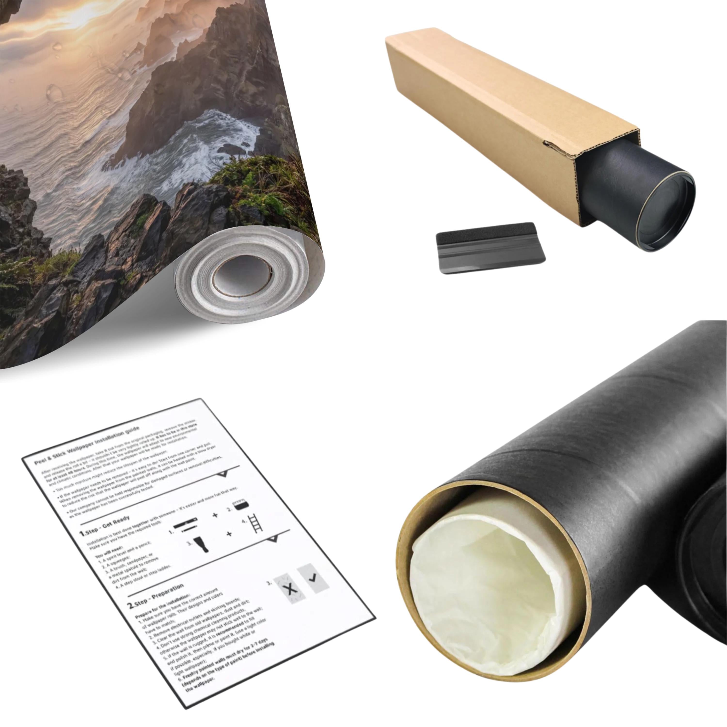 Sea Cave Peel and Stick Wall Mural, Dramatic Coastal Cliff Seascape, Misty Sunrise Ocean Landscape Wallpaper