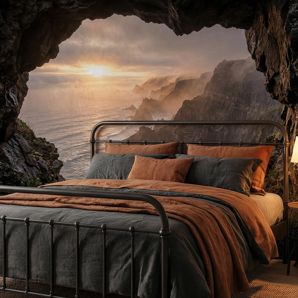 Sea Cave Peel and Stick Wall Mural, Dramatic Coastal Cliff Seascape, Misty Sunrise Ocean Landscape Wallpaper
