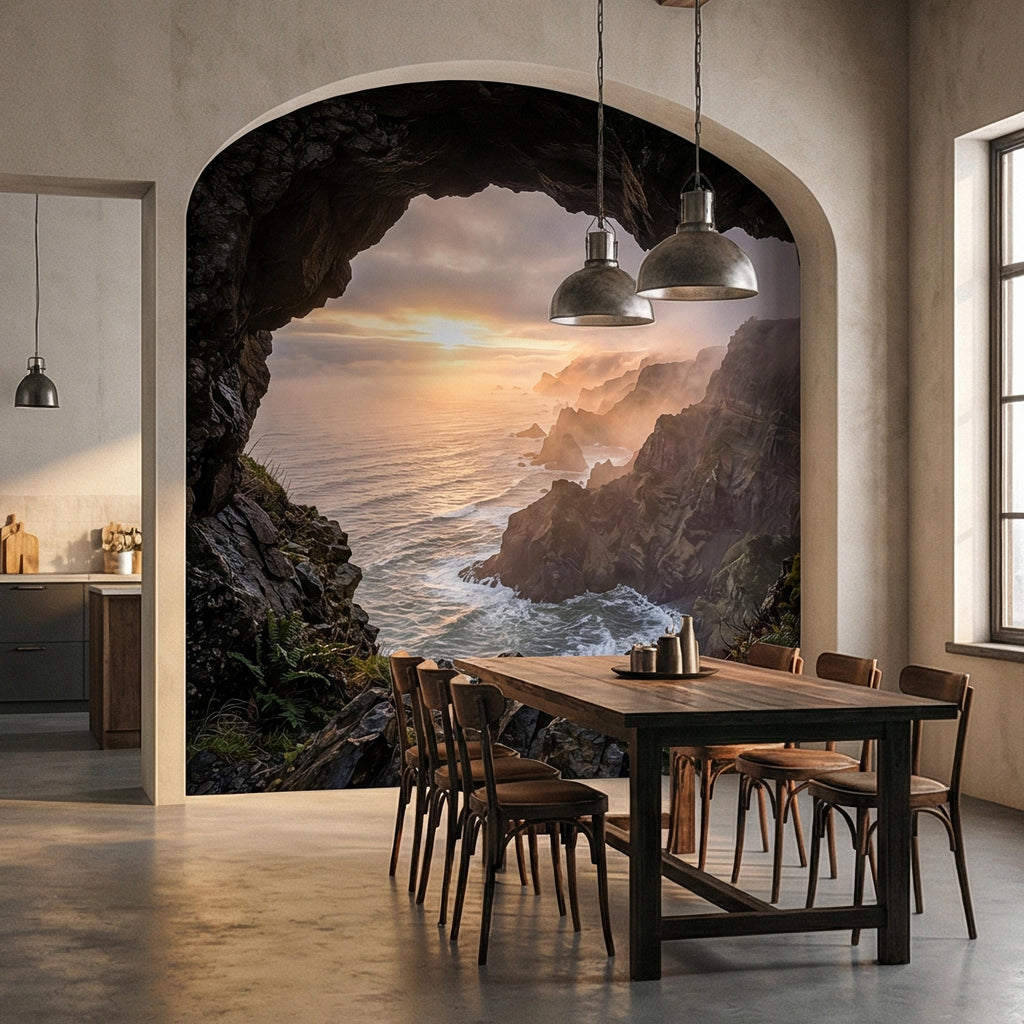 Sea Cave Peel and Stick Wall Mural, Dramatic Coastal Cliff Seascape, Misty Sunrise Ocean Landscape Wallpaper