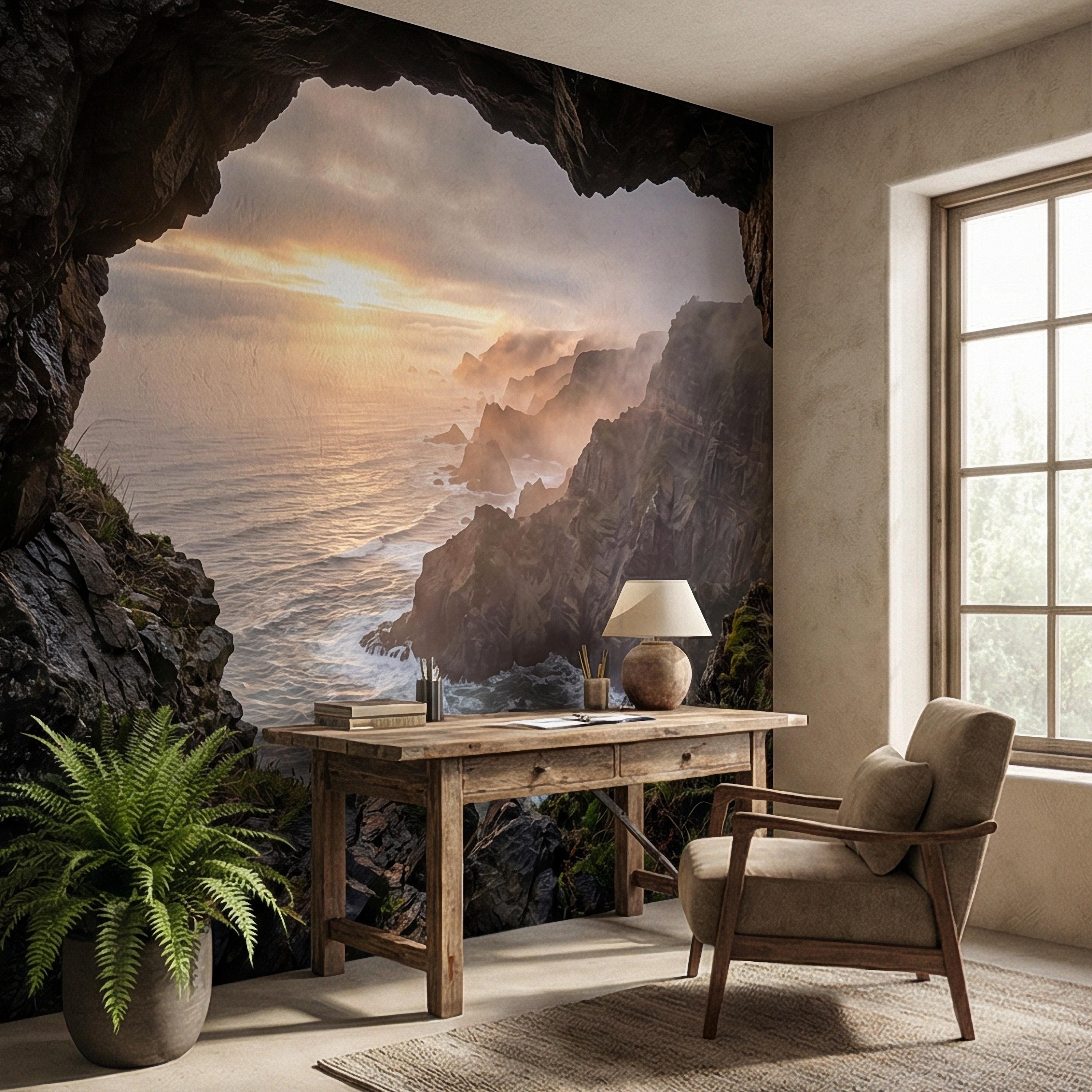 Sea Cave Peel and Stick Wall Mural, Dramatic Coastal Cliff Seascape, Misty Sunrise Ocean Landscape Wallpaper