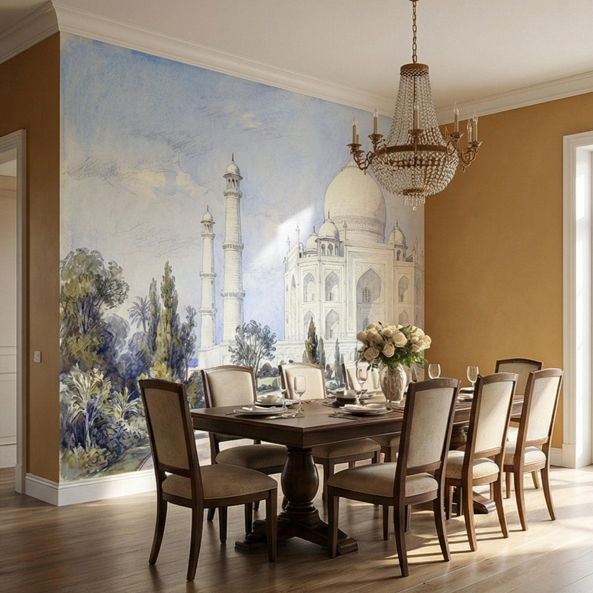 Taj Mahal Peel and Stick Wall Mural, Vintage Watercolor Historic Indian Architectural Landscape, Mughal Garden, Soft Blue Wallpaper - The Fine Art Murals