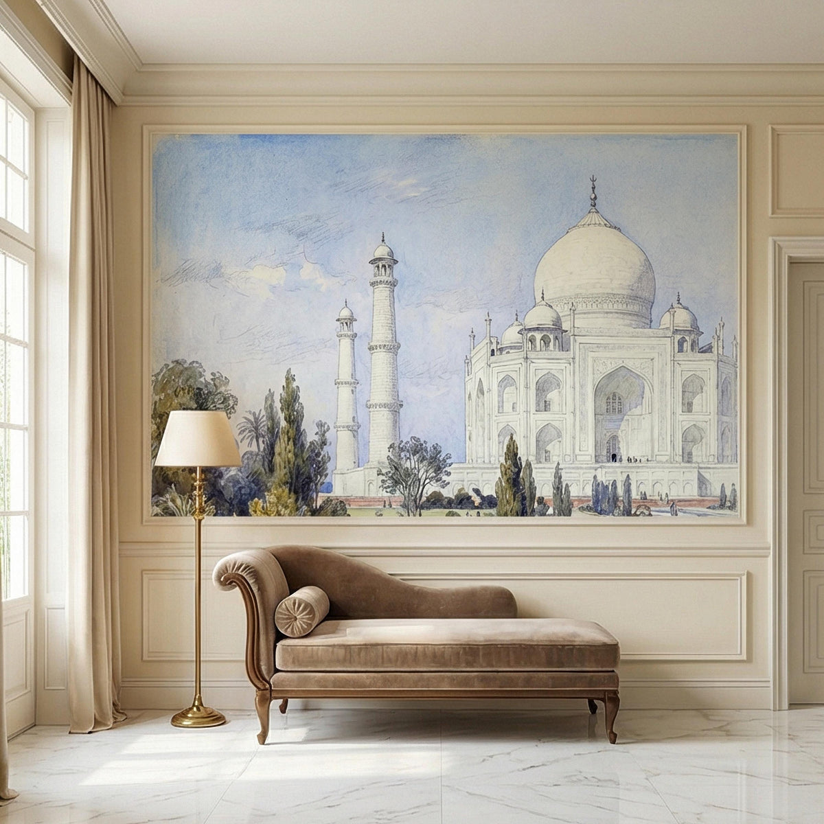 Taj Mahal Peel and Stick Wall Mural, Vintage Watercolor Historic Indian Architectural Landscape, Mughal Garden, Soft Blue Wallpaper - The Fine Art Murals