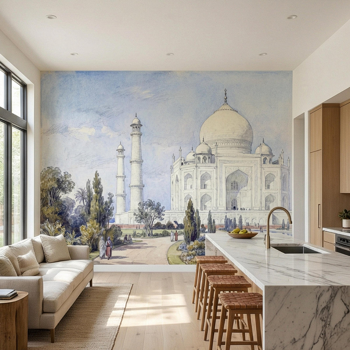 Taj Mahal Peel and Stick Wall Mural, Vintage Watercolor Historic Indian Architectural Landscape, Mughal Garden, Soft Blue Wallpaper - The Fine Art Murals