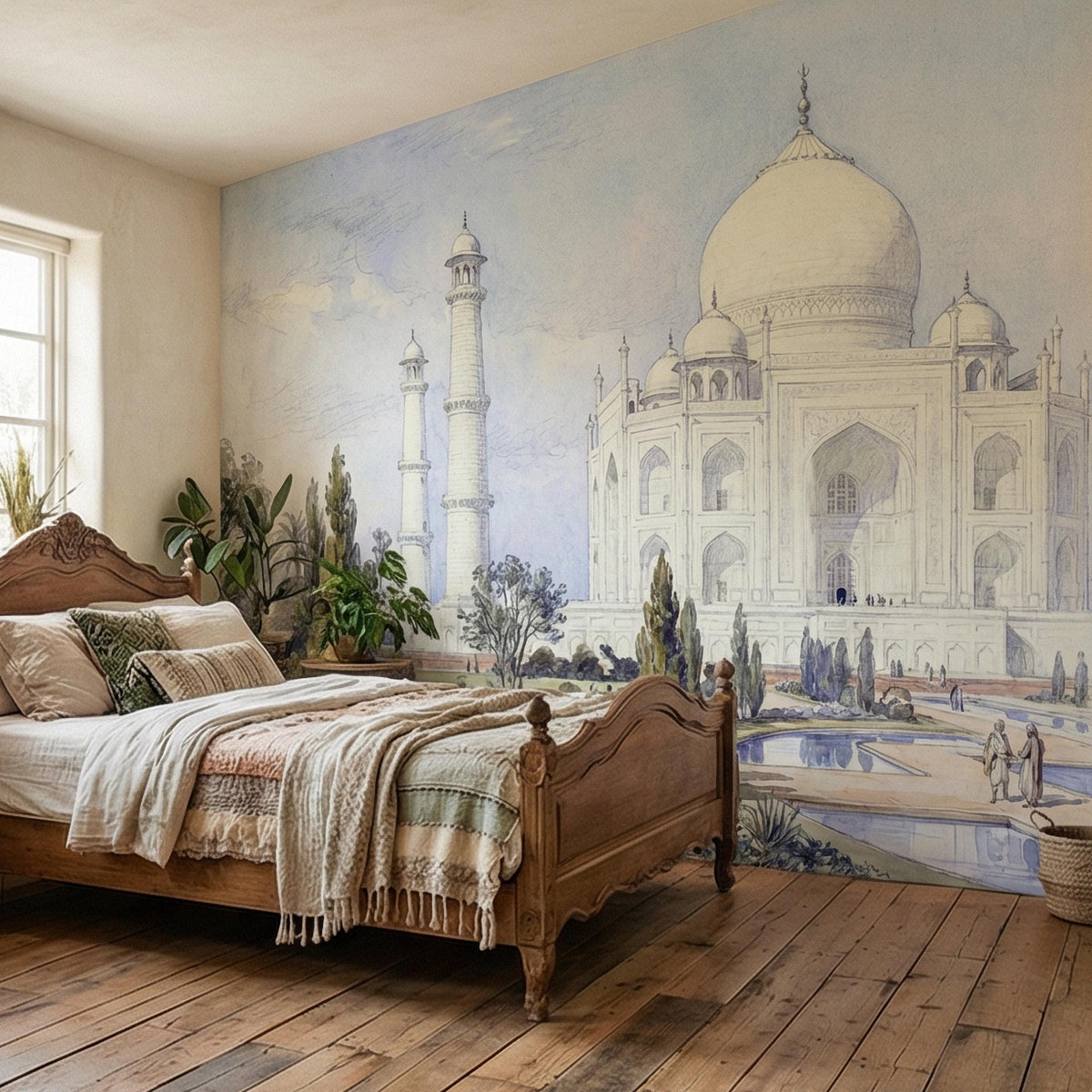 Taj Mahal Peel and Stick Wall Mural, Vintage Watercolor Historic Indian Architectural Landscape, Mughal Garden, Soft Blue Wallpaper - The Fine Art Murals