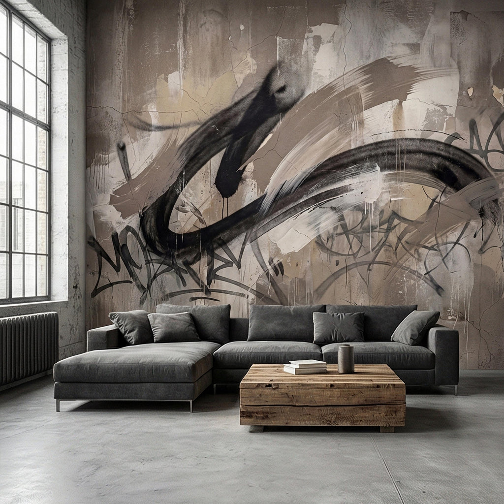 Neutral Graffiti Peel and Stick Wall Mural, Abstract Street Art Loft, Monochrome Industrial Concrete Wallpaper