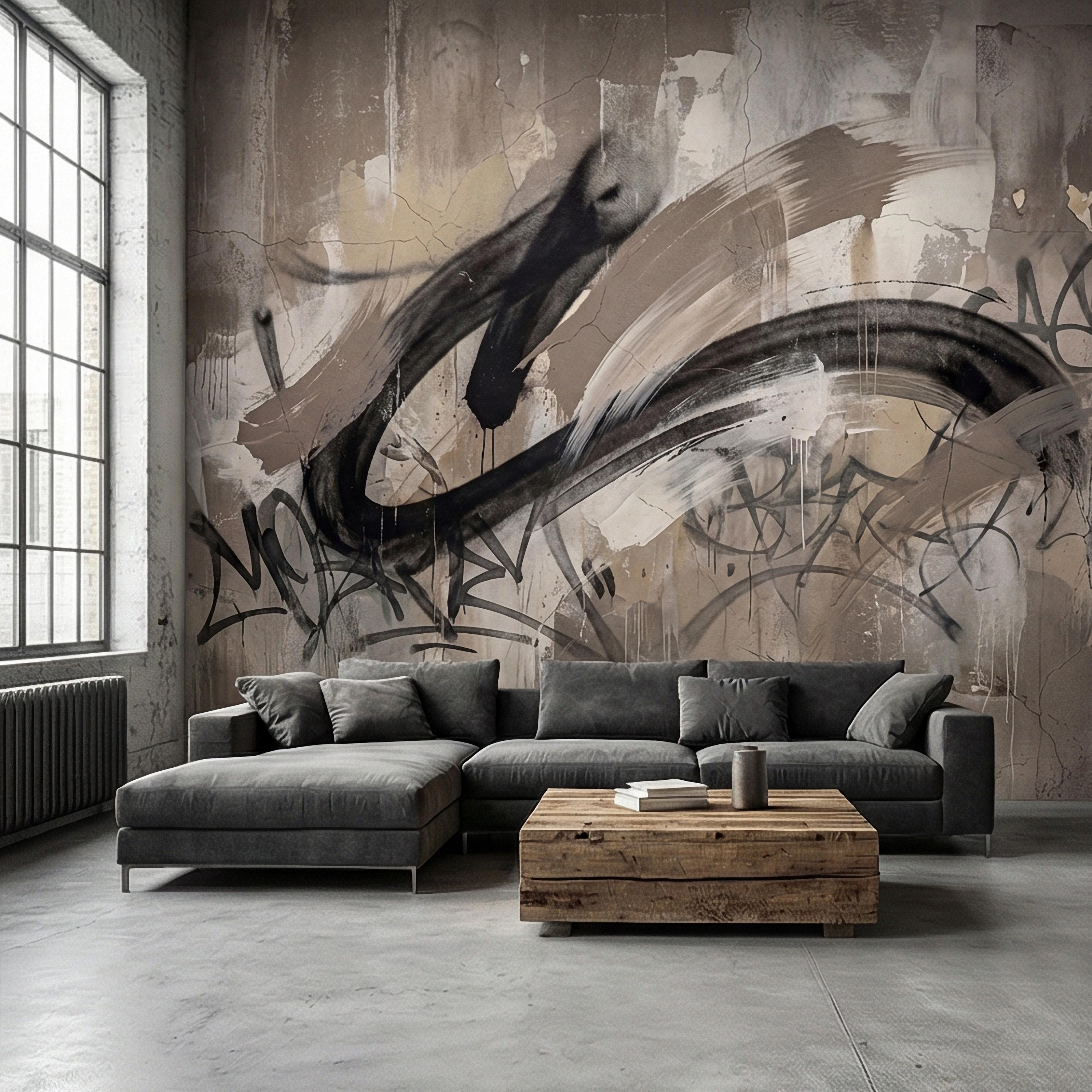 Neutral Graffiti Peel and Stick Wall Mural, Abstract Street Art Loft, Monochrome Industrial Concrete Wallpaper