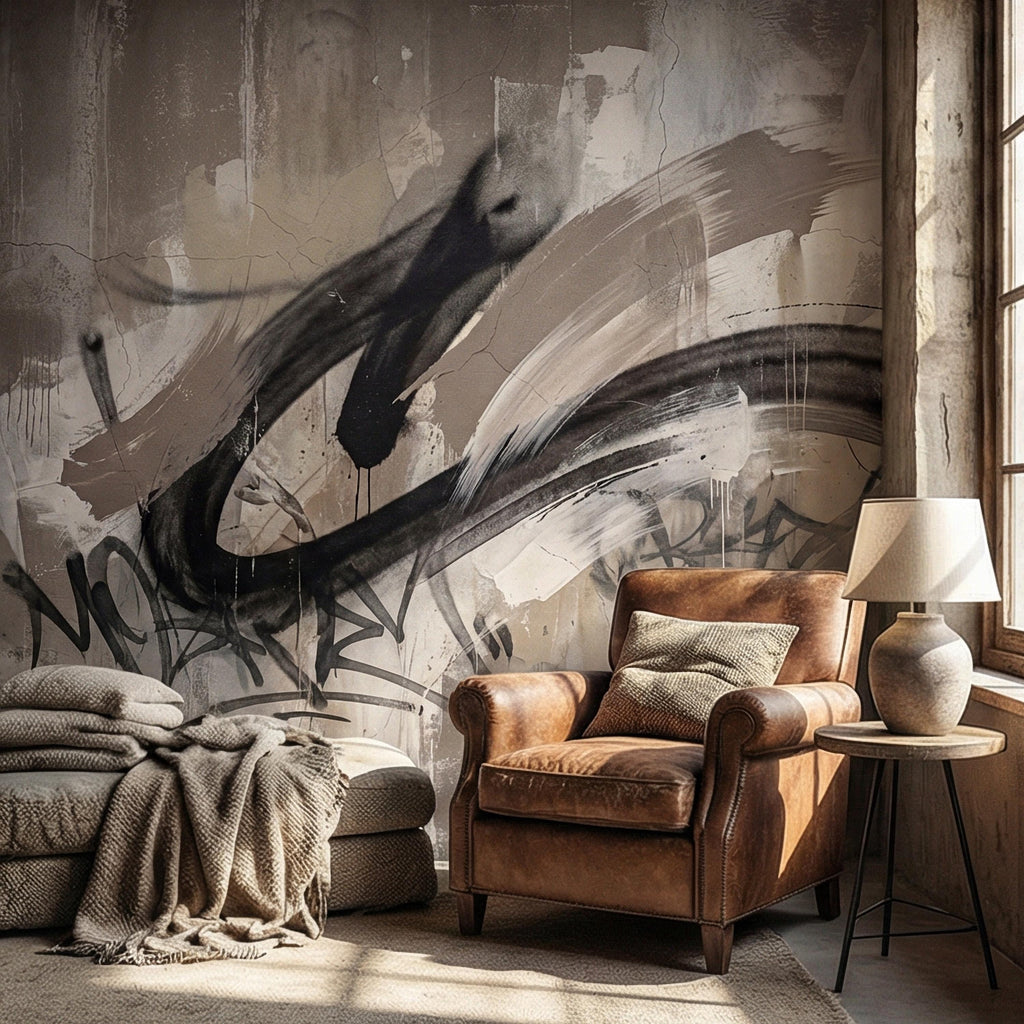 Neutral Graffiti Peel and Stick Wall Mural, Abstract Street Art Loft, Monochrome Industrial Concrete Wallpaper