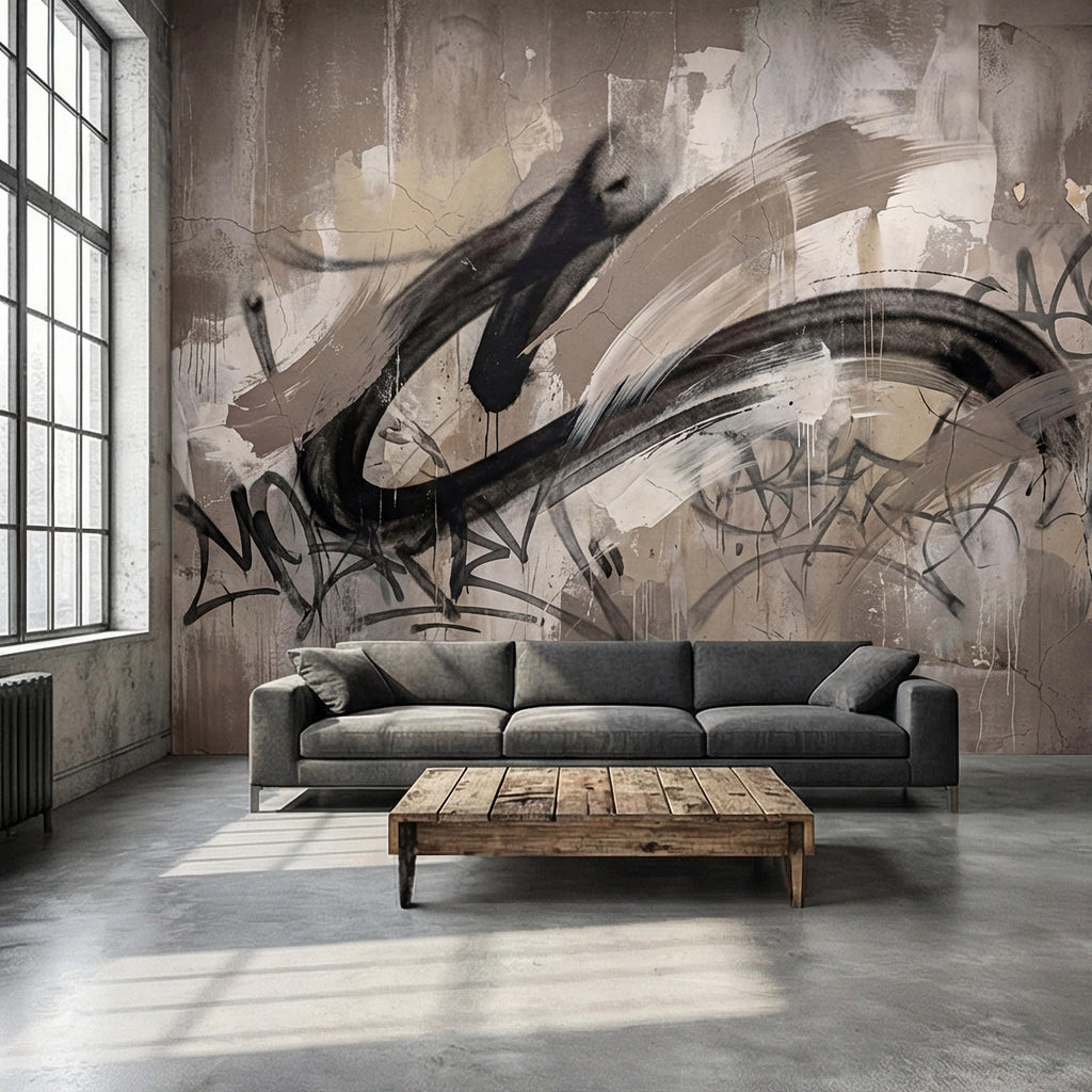 Neutral Graffiti Peel and Stick Wall Mural, Abstract Street Art Loft, Monochrome Industrial Concrete Wallpaper