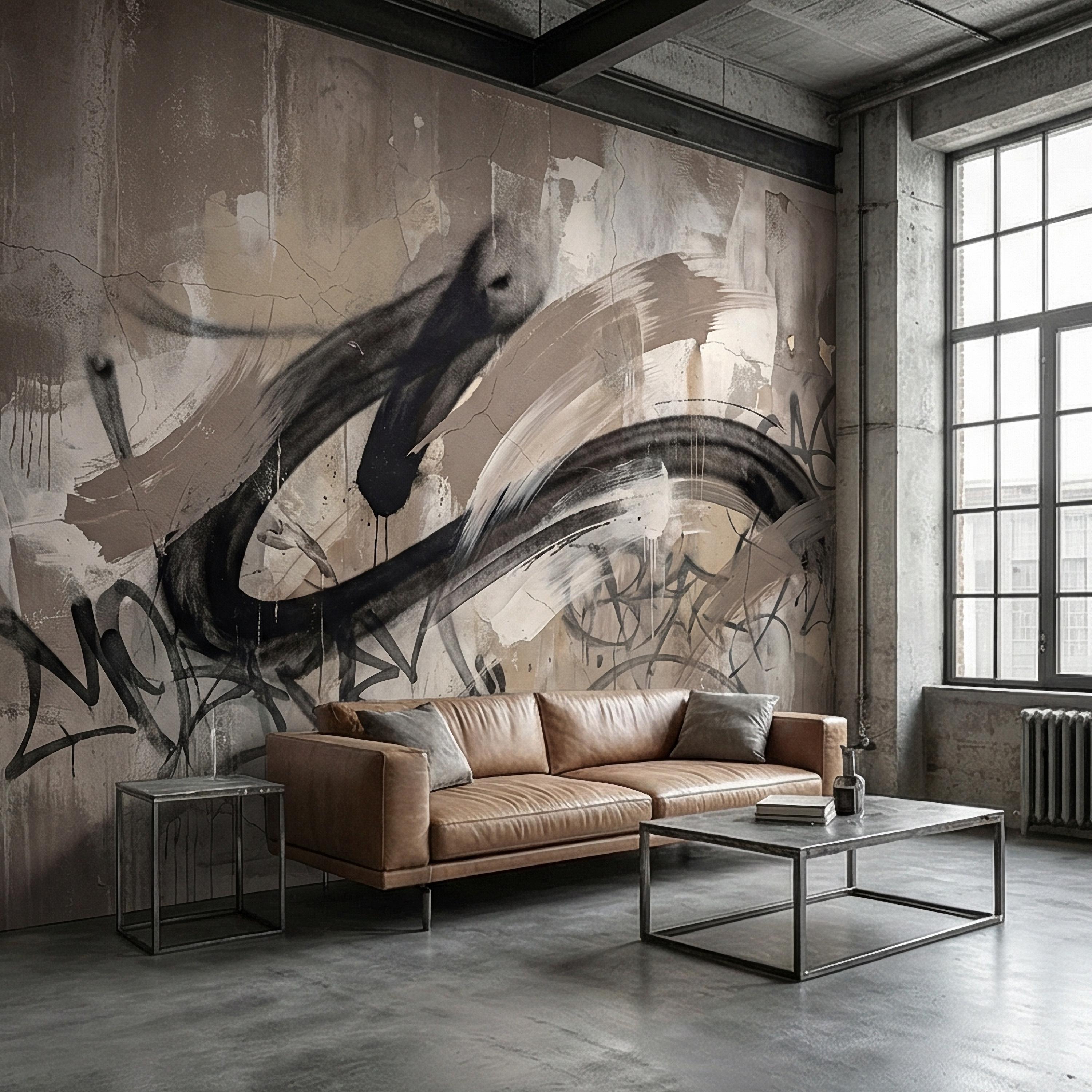 Neutral Graffiti Peel and Stick Wall Mural, Abstract Street Art Loft, Monochrome Industrial Concrete Wallpaper