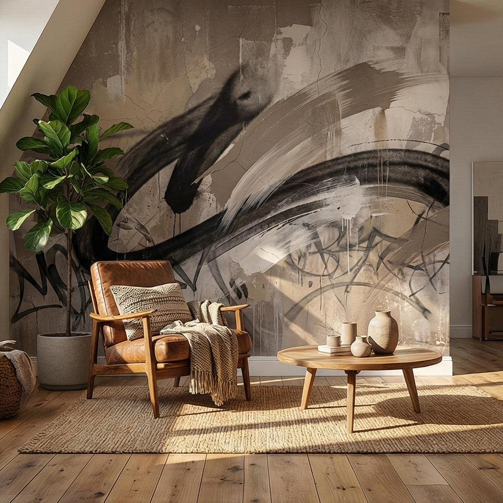 Neutral Graffiti Peel and Stick Wall Mural, Abstract Street Art Loft, Monochrome Industrial Concrete Wallpaper