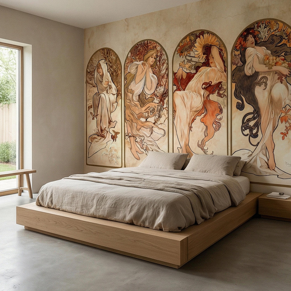 Art Nouveau Four Seasons Peel and Stick Wall Mural, Vintage Arched Women Panels, French Belle Epoque Allegory, Antique Parchment Wallpaper