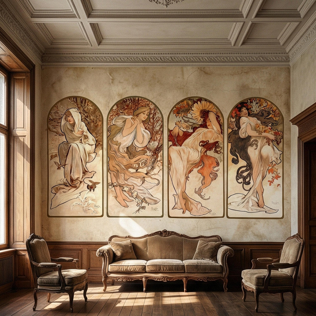 Art Nouveau Four Seasons Peel and Stick Wall Mural, Vintage Arched Women Panels, French Belle Epoque Allegory, Antique Parchment Wallpaper