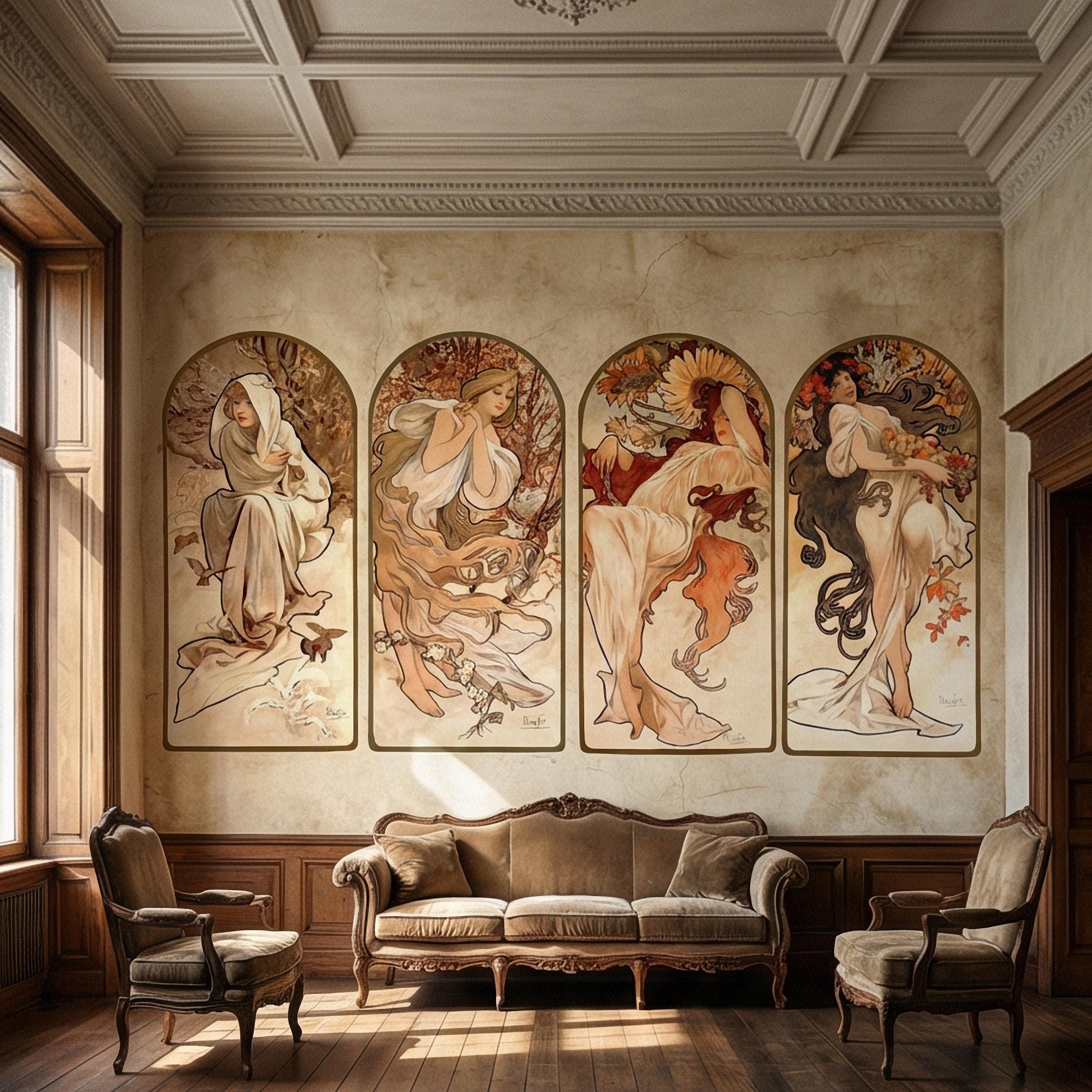 Art Nouveau Four Seasons Peel and Stick Wall Mural, Vintage Arched Women Panels, French Belle Epoque Allegory, Antique Parchment Wallpaper