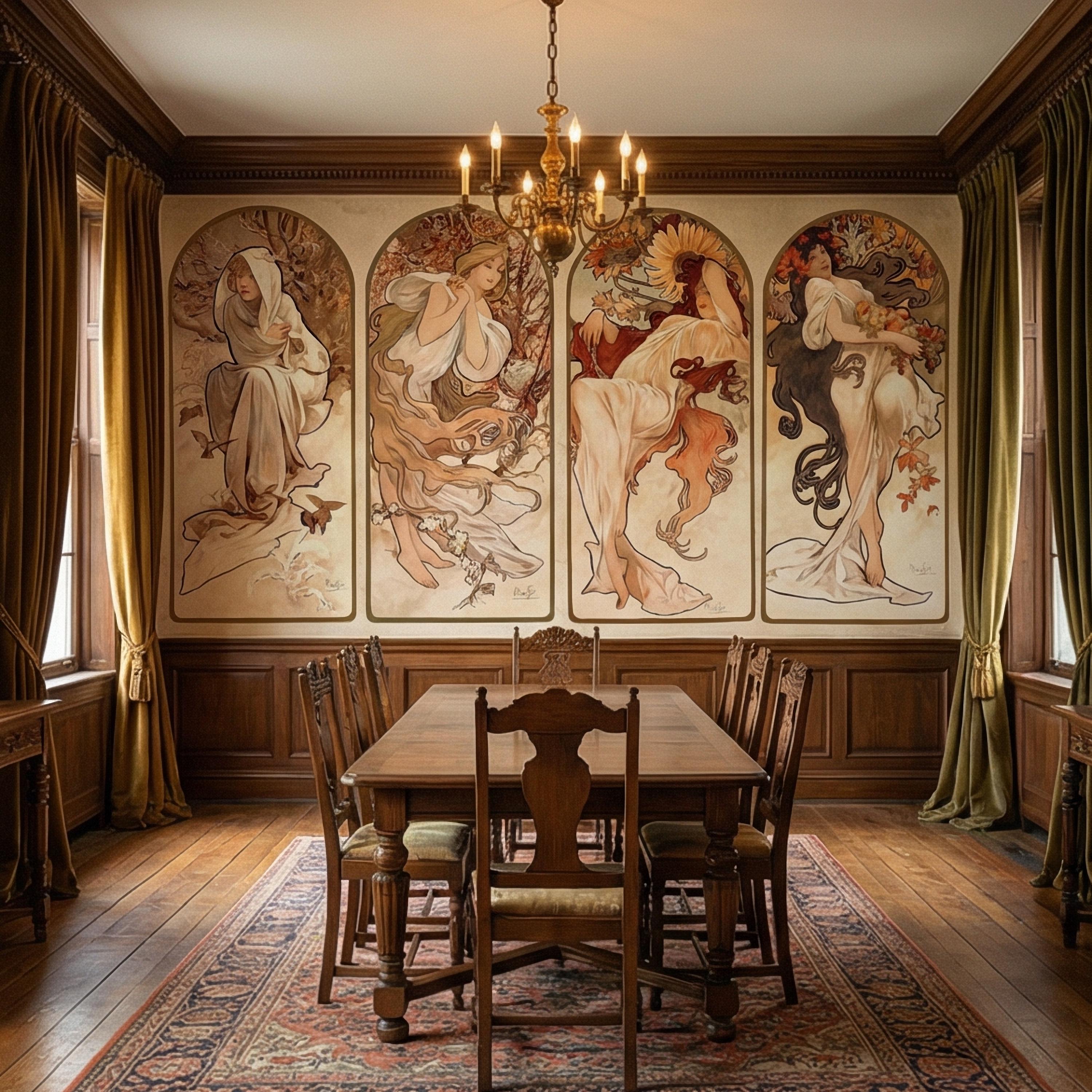 Art Nouveau Four Seasons Peel and Stick Wall Mural, Vintage Arched Women Panels, French Belle Epoque Allegory, Antique Parchment Wallpaper