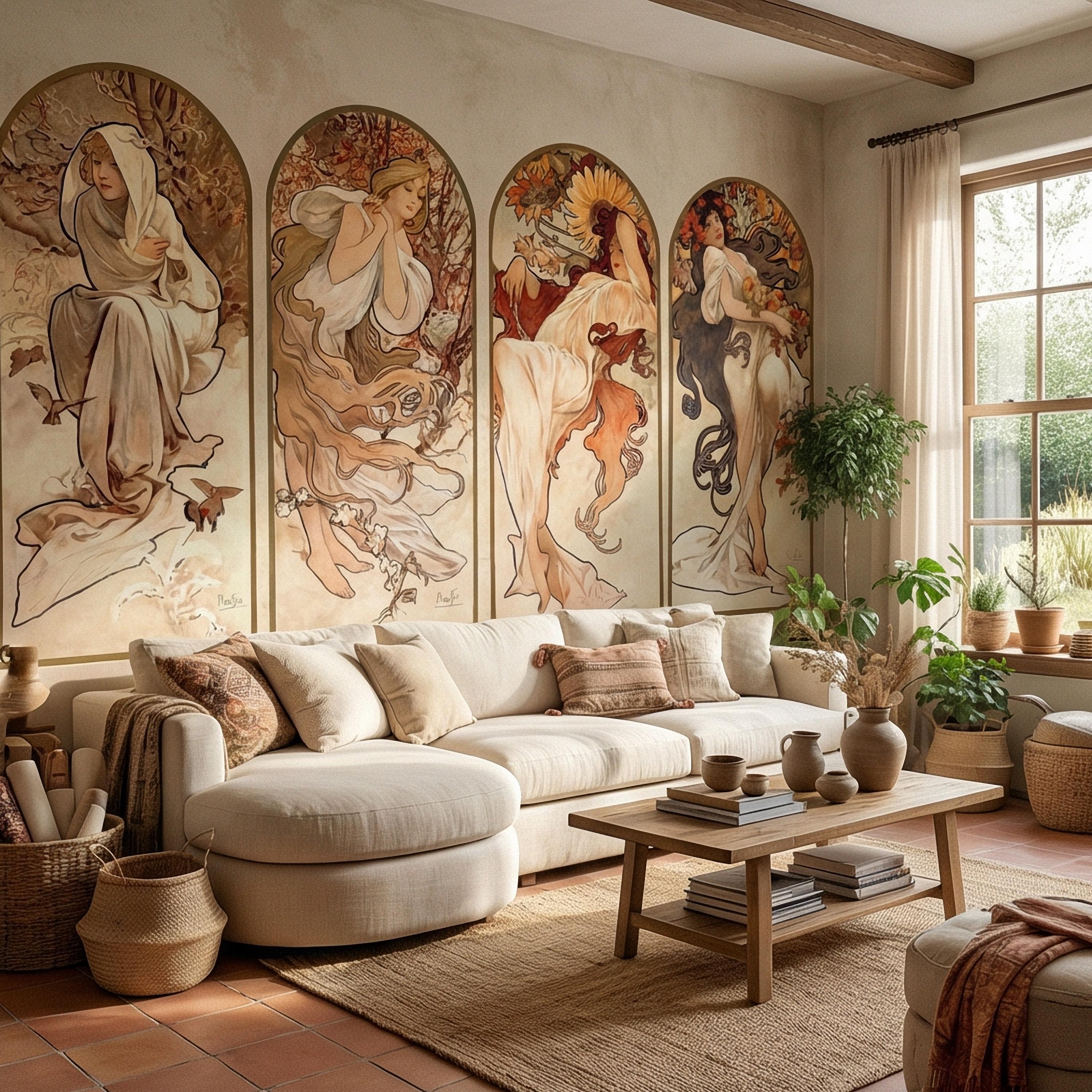 Art Nouveau Four Seasons Peel and Stick Wall Mural, Vintage Arched Women Panels, French Belle Epoque Allegory, Antique Parchment Wallpaper