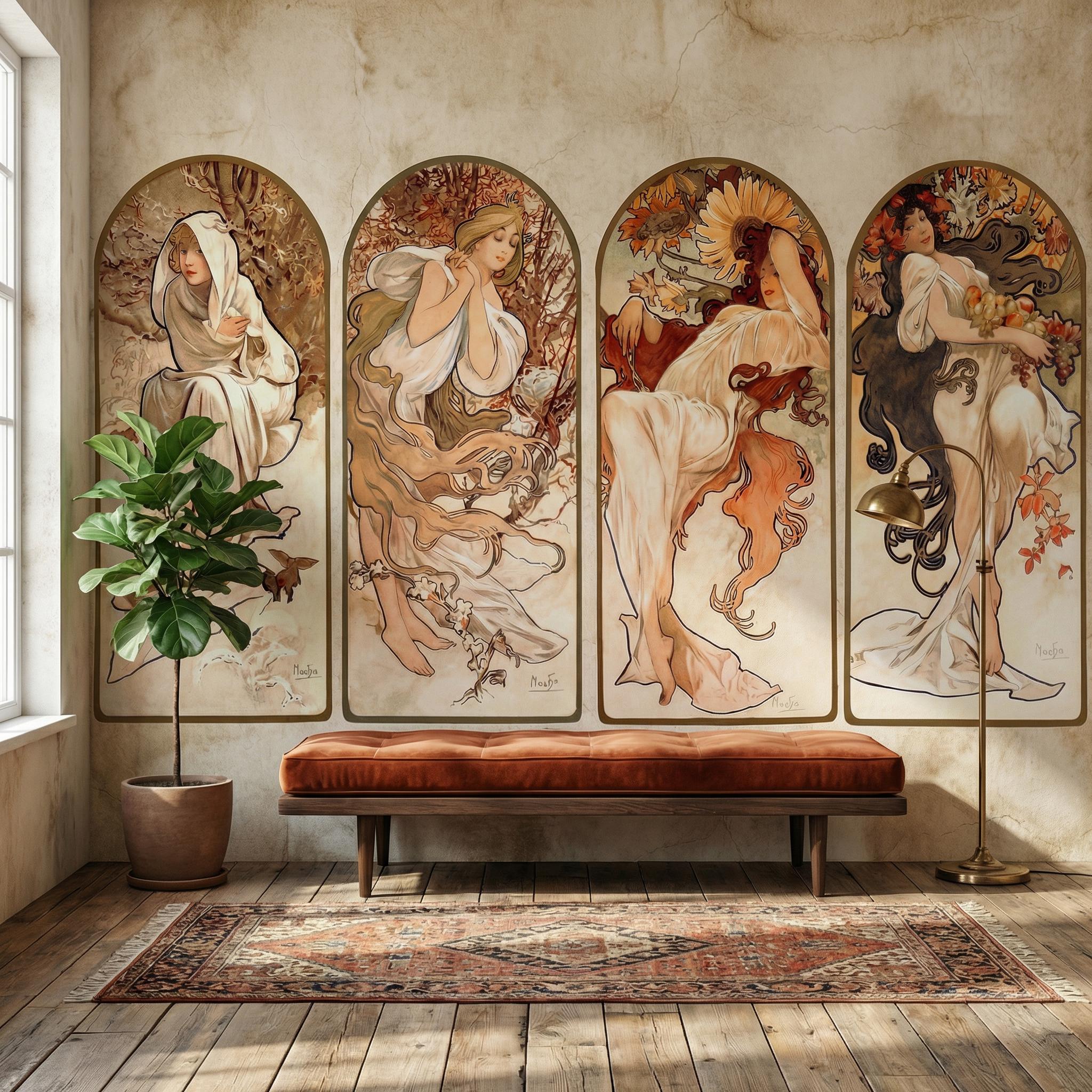 Art Nouveau Four Seasons Peel and Stick Wall Mural, Vintage Arched Women Panels, French Belle Epoque Allegory, Antique Parchment Wallpaper