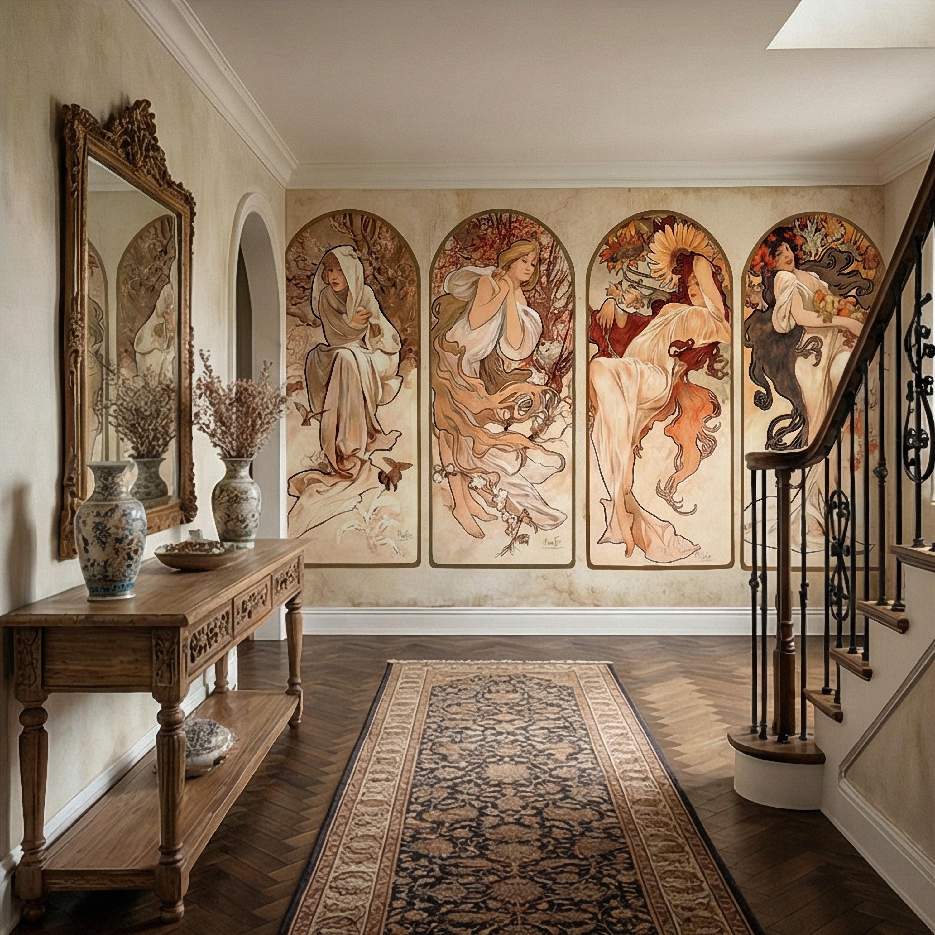 Art Nouveau Four Seasons Peel and Stick Wall Mural, Vintage Arched Women Panels, French Belle Epoque Allegory, Antique Parchment Wallpaper