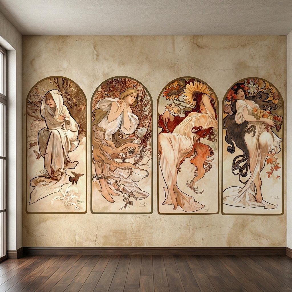 Art Nouveau Four Seasons Peel and Stick Wall Mural, Vintage Arched Women Panels, French Belle Epoque Allegory, Antique Parchment Wallpaper