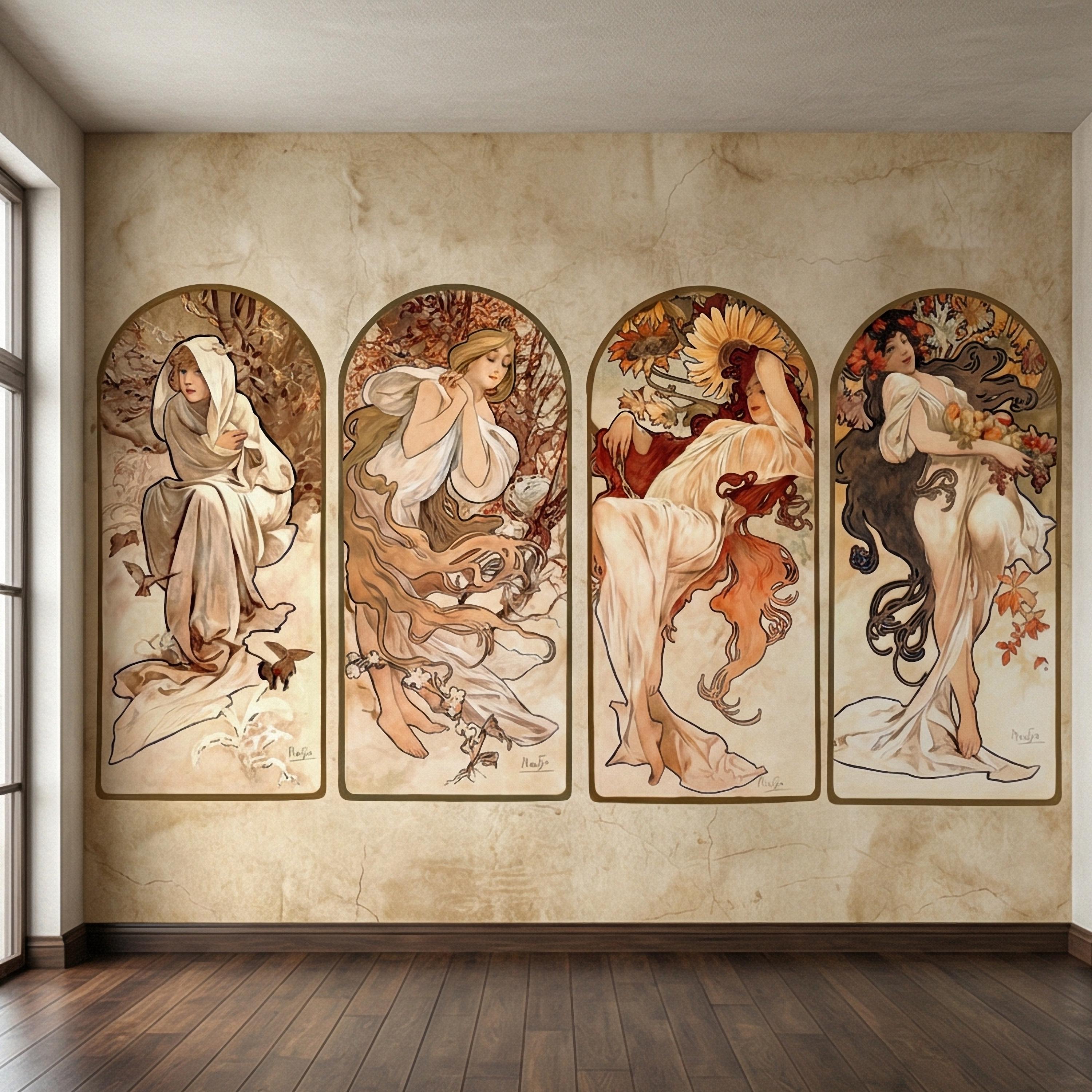Art Nouveau Four Seasons Peel and Stick Wall Mural, Vintage Arched Women Panels, French Belle Epoque Allegory, Antique Parchment Wallpaper