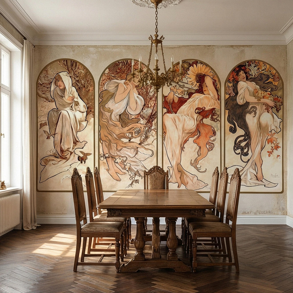 Art Nouveau Four Seasons Peel and Stick Wall Mural, Vintage Arched Women Panels, French Belle Epoque Allegory, Antique Parchment Wallpaper
