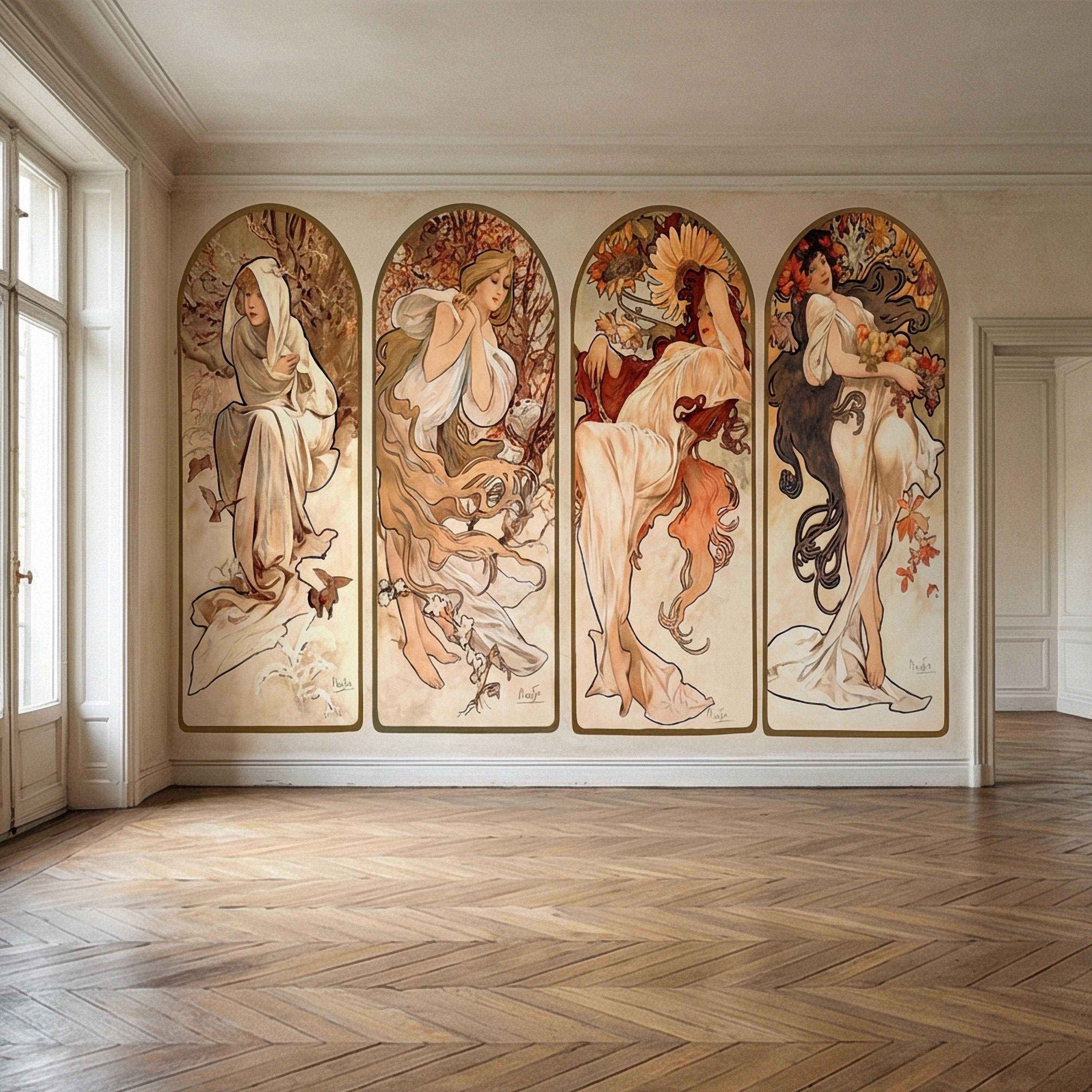 Art Nouveau Four Seasons Peel and Stick Wall Mural, Vintage Arched Women Panels, French Belle Epoque Allegory, Antique Parchment Wallpaper