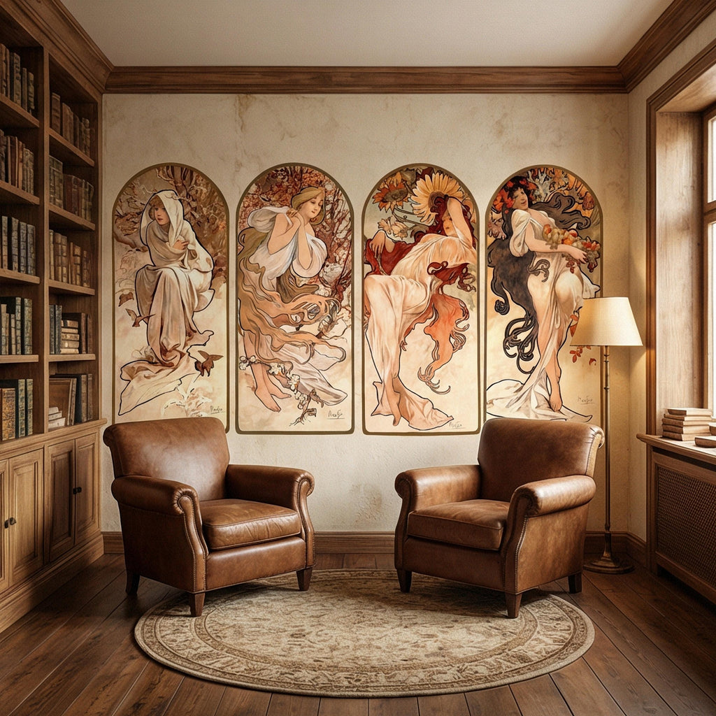 Art Nouveau Four Seasons Peel and Stick Wall Mural, Vintage Arched Women Panels, French Belle Epoque Allegory, Antique Parchment Wallpaper