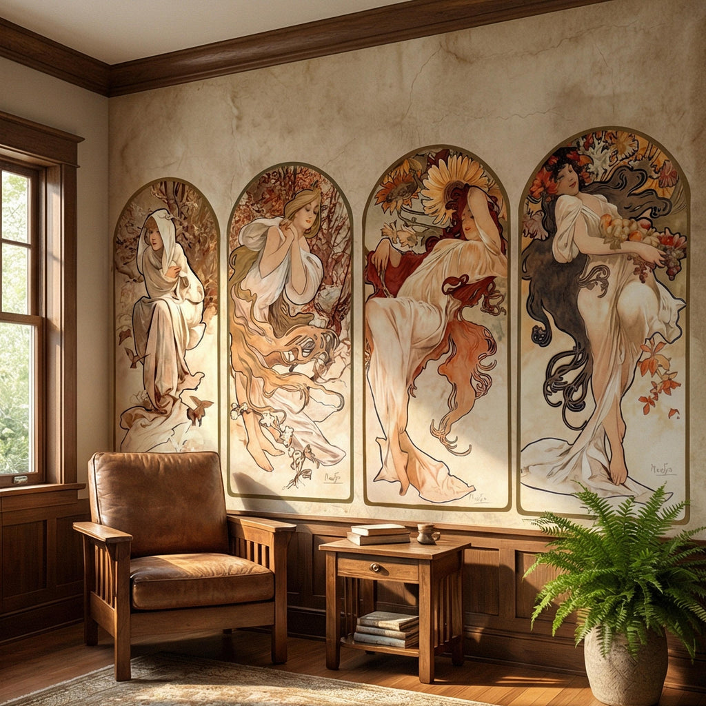 Art Nouveau Four Seasons Peel and Stick Wall Mural, Vintage Arched Women Panels, French Belle Epoque Allegory, Antique Parchment Wallpaper