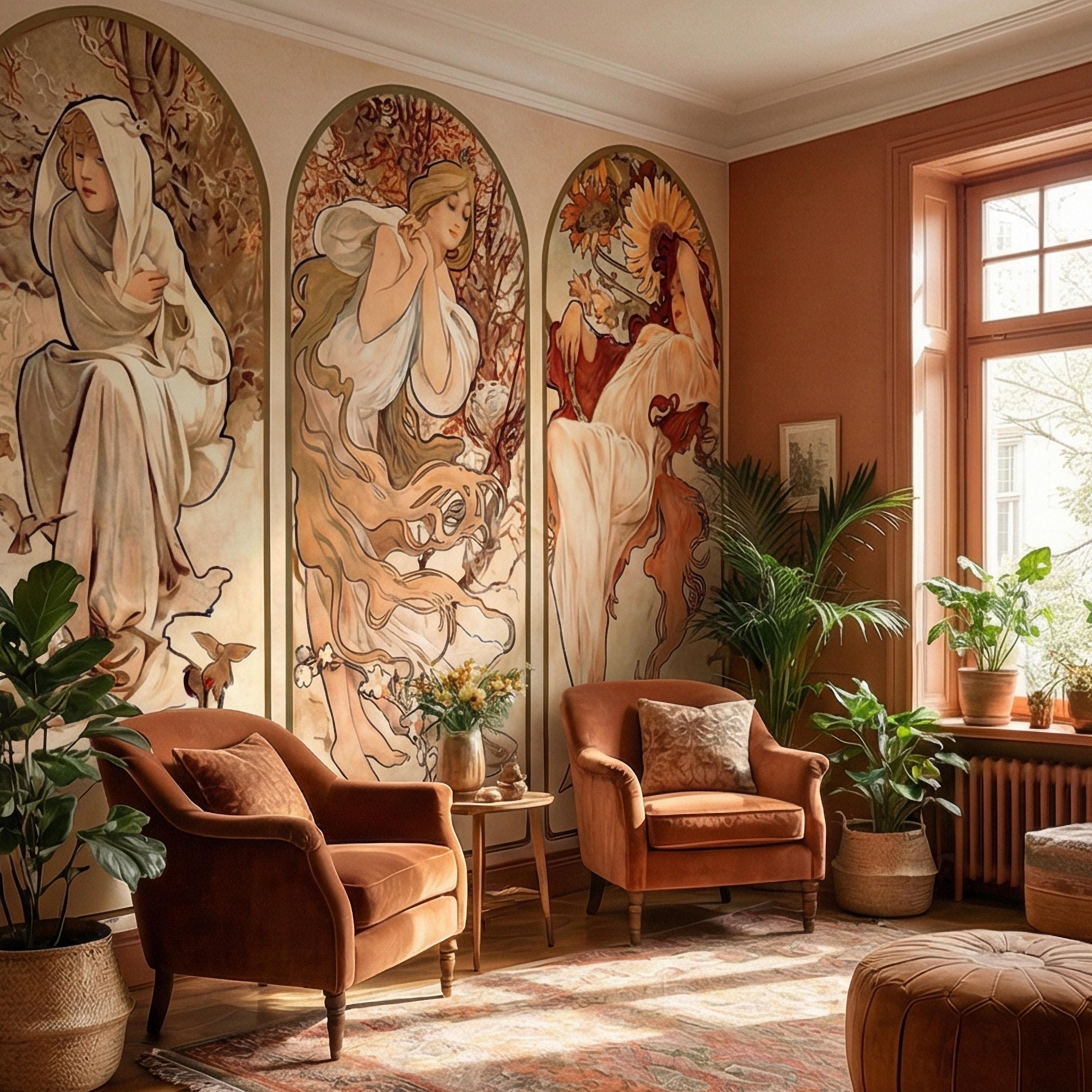 Art Nouveau Four Seasons Peel and Stick Wall Mural, Vintage Arched Women Panels, French Belle Epoque Allegory, Antique Parchment Wallpaper