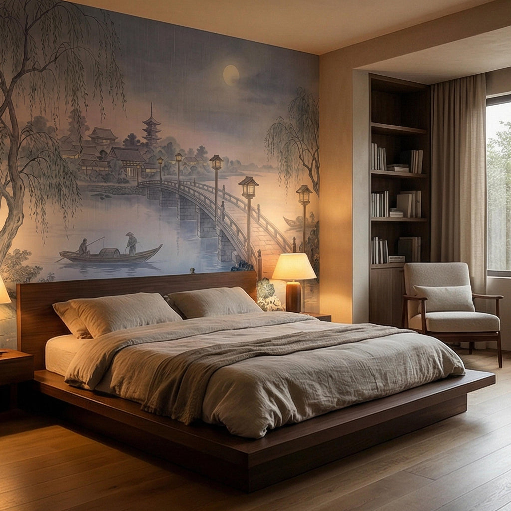 Japanese Landscape Peel and Stick Wall Mural, Moonlit Bridge Pagoda Village, Rainy Willow Lake Scene, Serene Blue Wallpaper